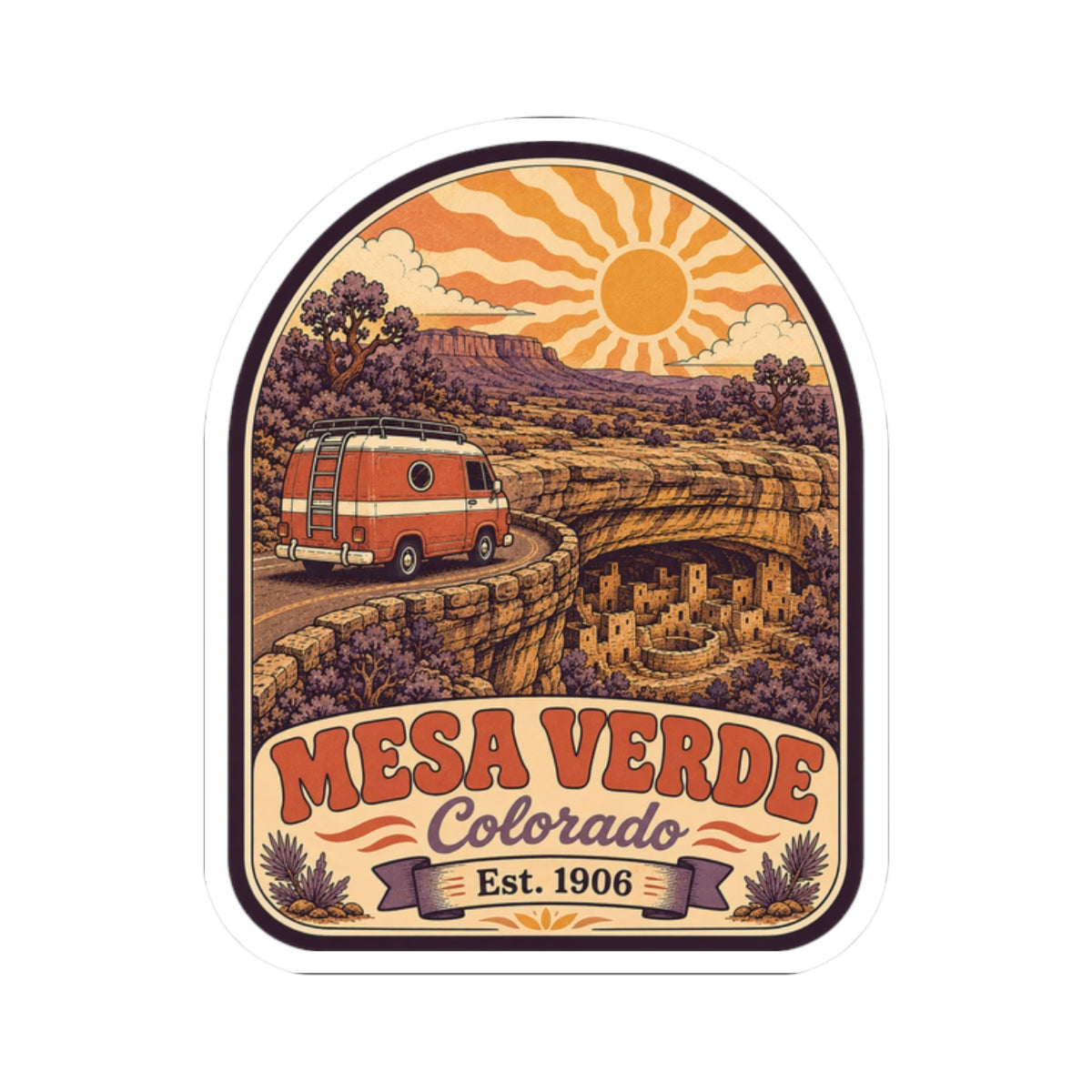 Mesa Verde Colorado sticker with orange vehicle, canyon scenery, sun rays, and Est. 1906