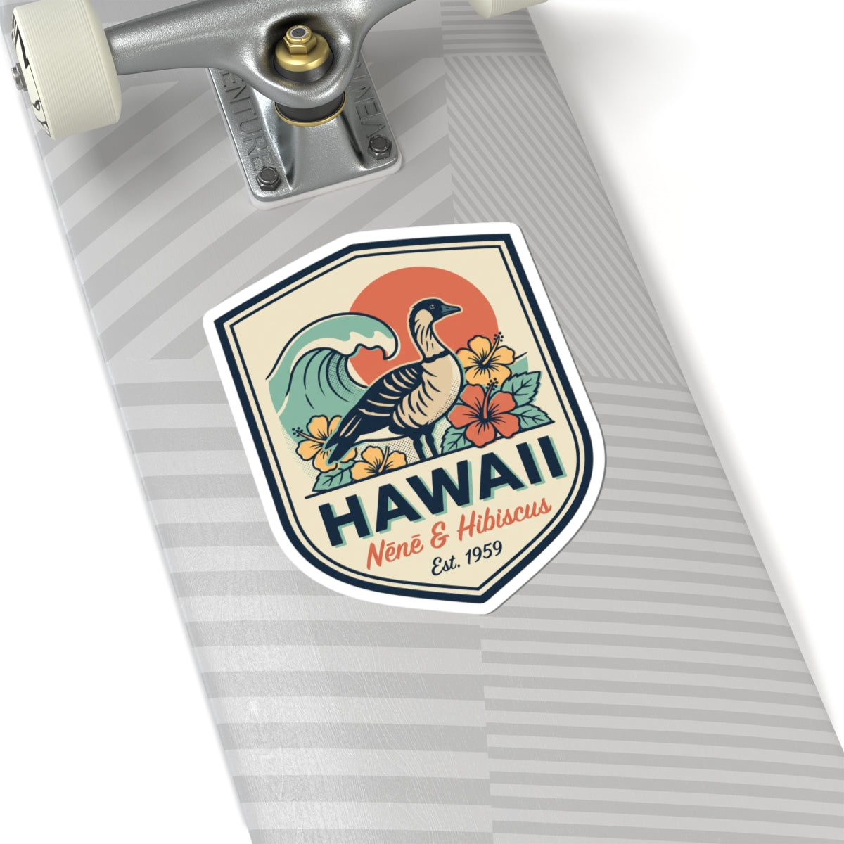 Hawaii Nene & Hibiscus vintage kiss-cut vinyl sticker with bird, wave, and flowers