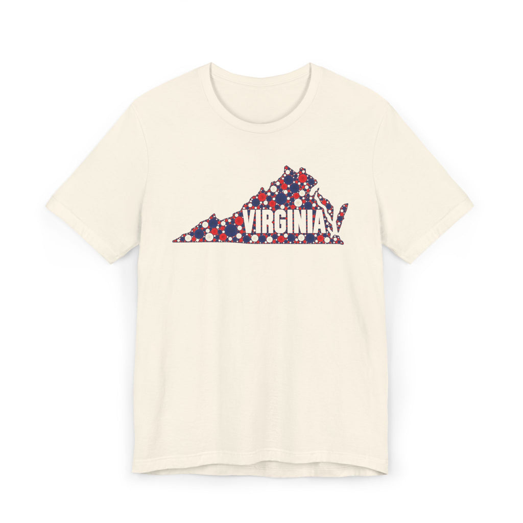Cream crewneck T-shirt with front Virginia map graphic in red, white, and blue