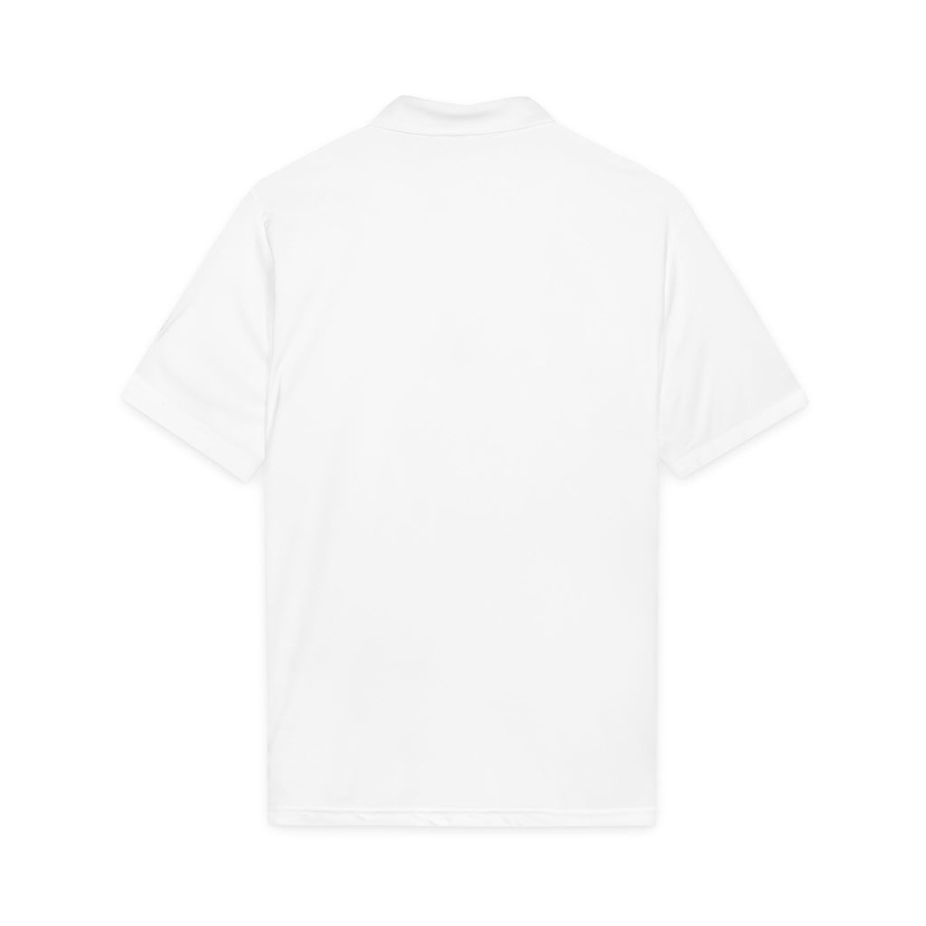 White polyester polo shirt with ribbed collar and short sleeves, back view