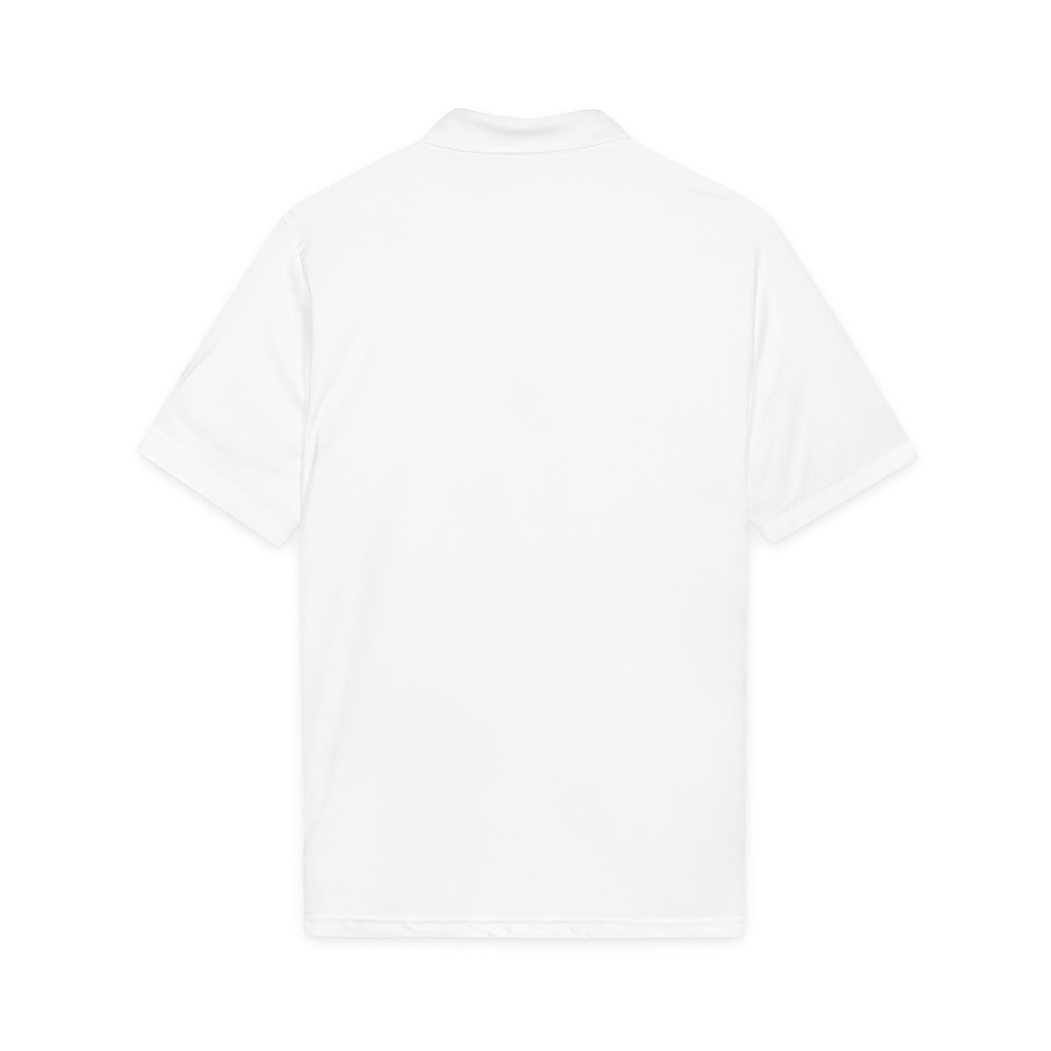 White polyester polo shirt with ribbed collar and short sleeves, back view