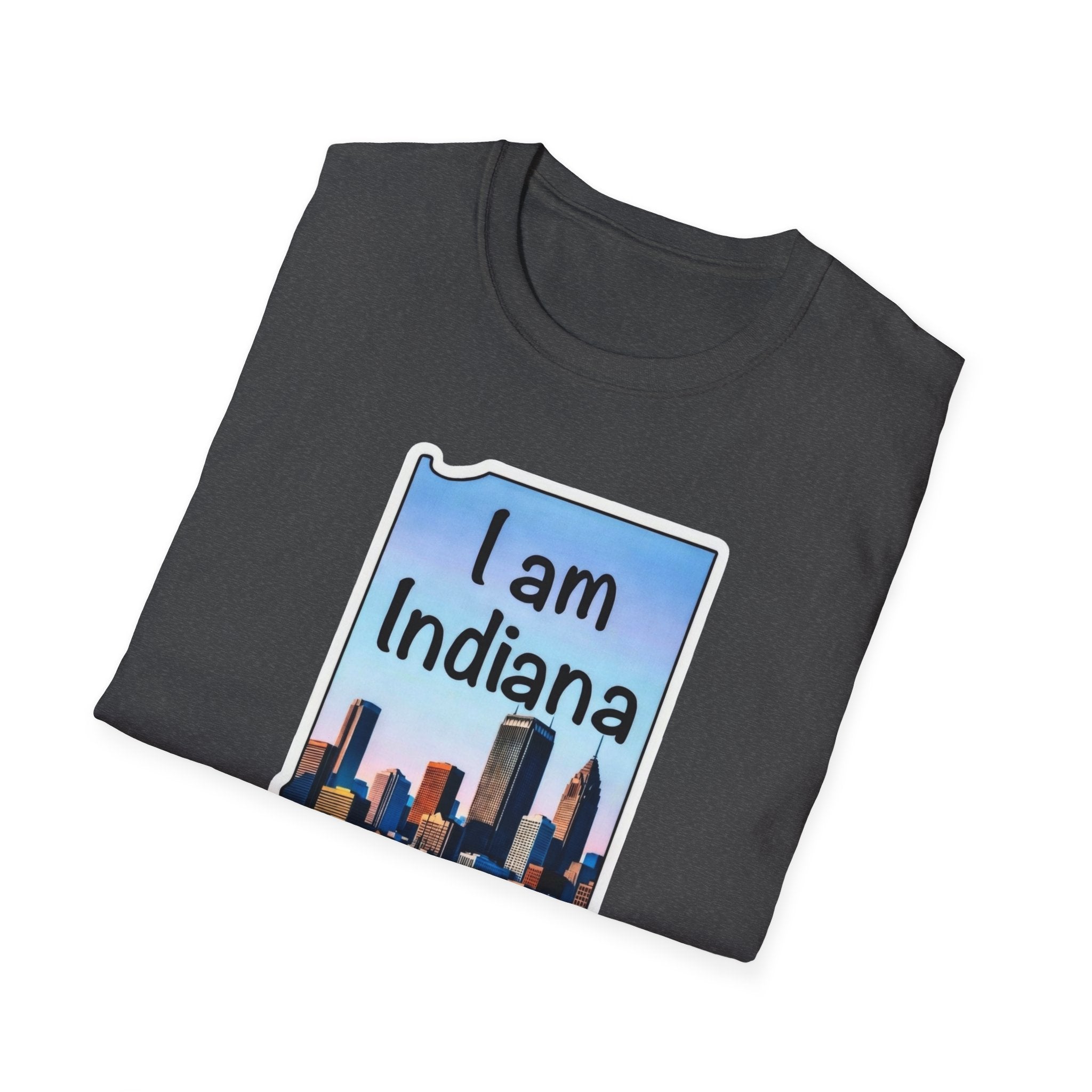 I am Indiana T-Shirt, dark heather front with 'I am Indiana' skyline design