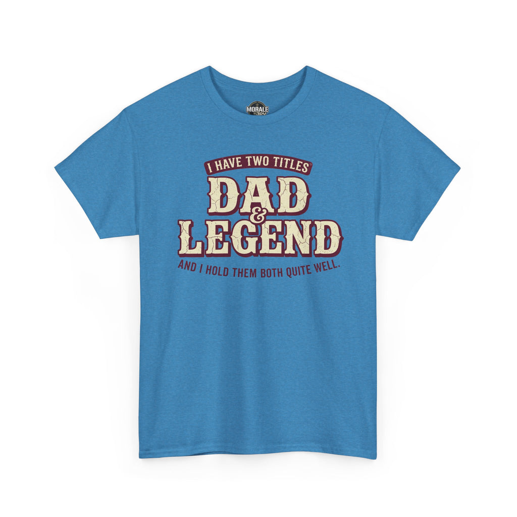 Blue T-shirt with “Dad Legend” vintage varsity-style graphic