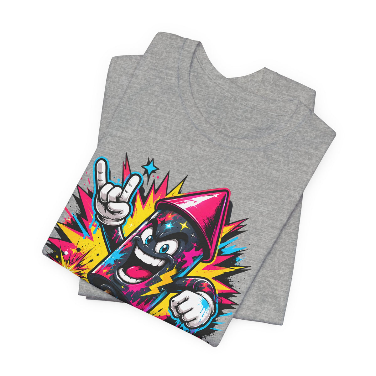 Heather gray T-shirt with colorful graffiti character graphic, front view partially folded.