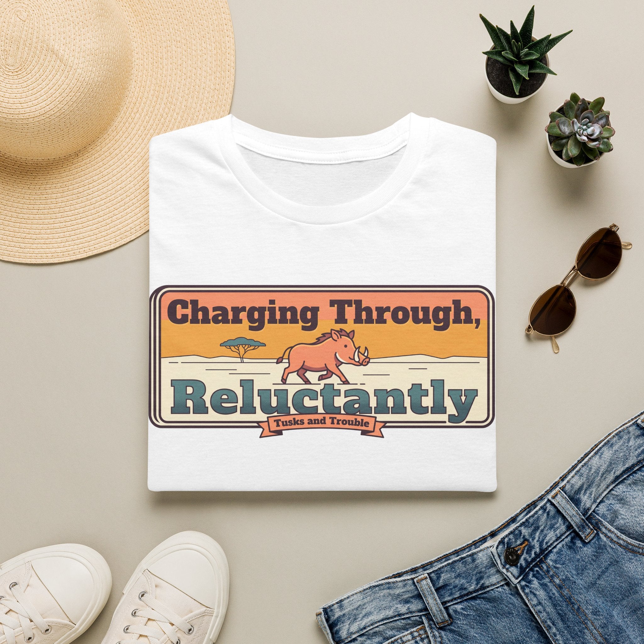 White short-sleeve T-shirt with “Charging Through… Reluctantly” pig graphic