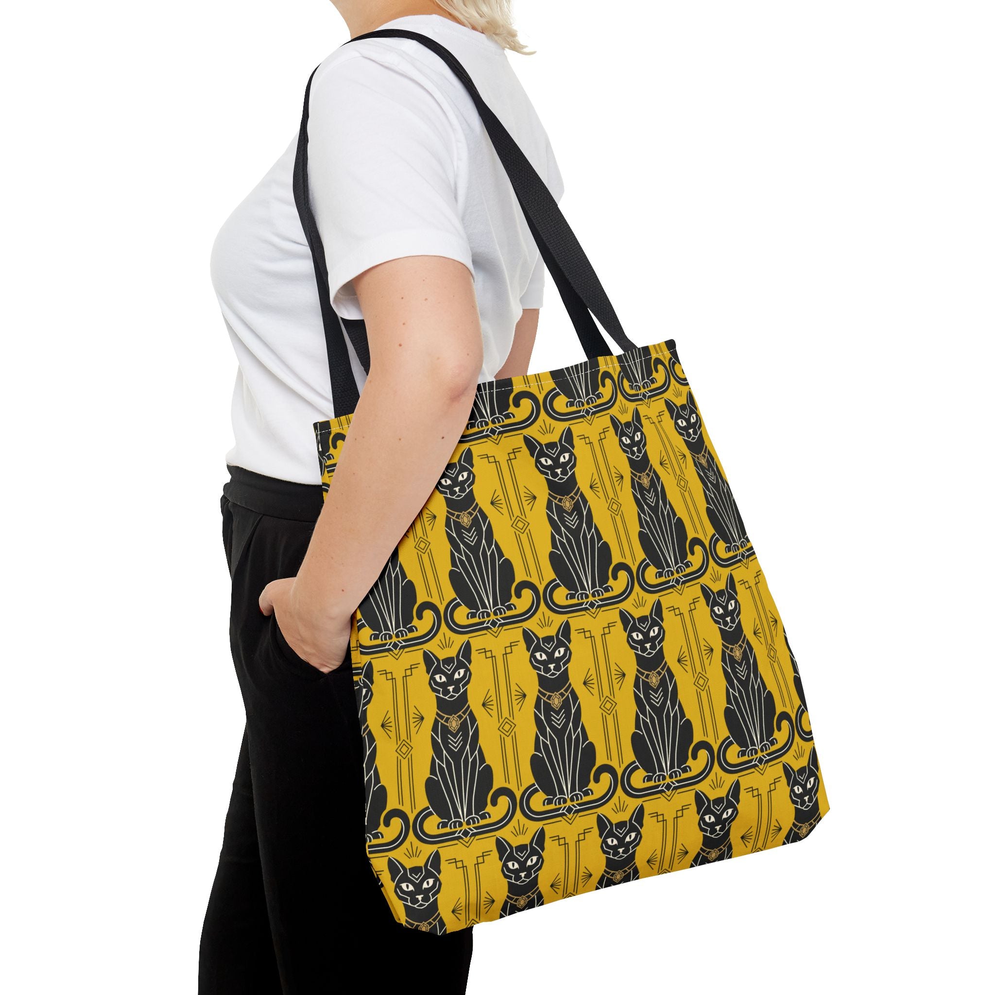Yellow tote bag with black Art Nouveau cat pattern and black shoulder straps