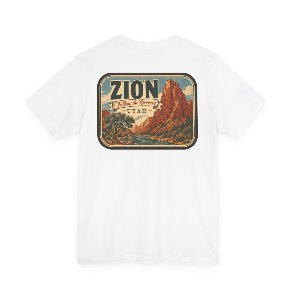White Zion national park graphic T-shirt with rectangular desert mountain front print