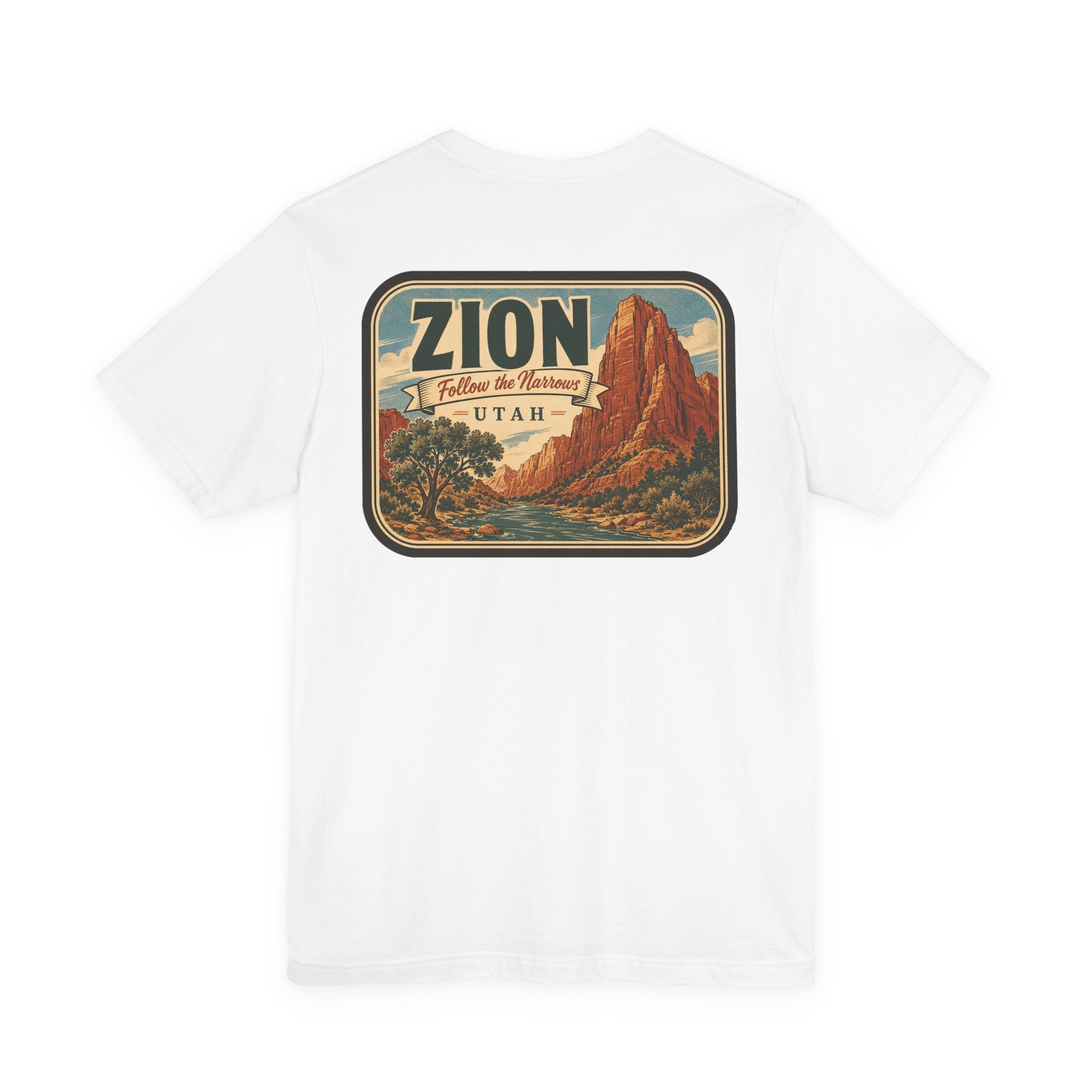 White Zion national park graphic T-shirt with rectangular desert mountain front print