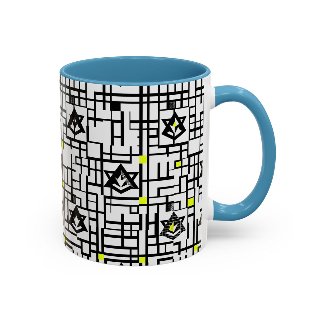 Geometric star grid mug with light blue handle and rim, black grid pattern on white