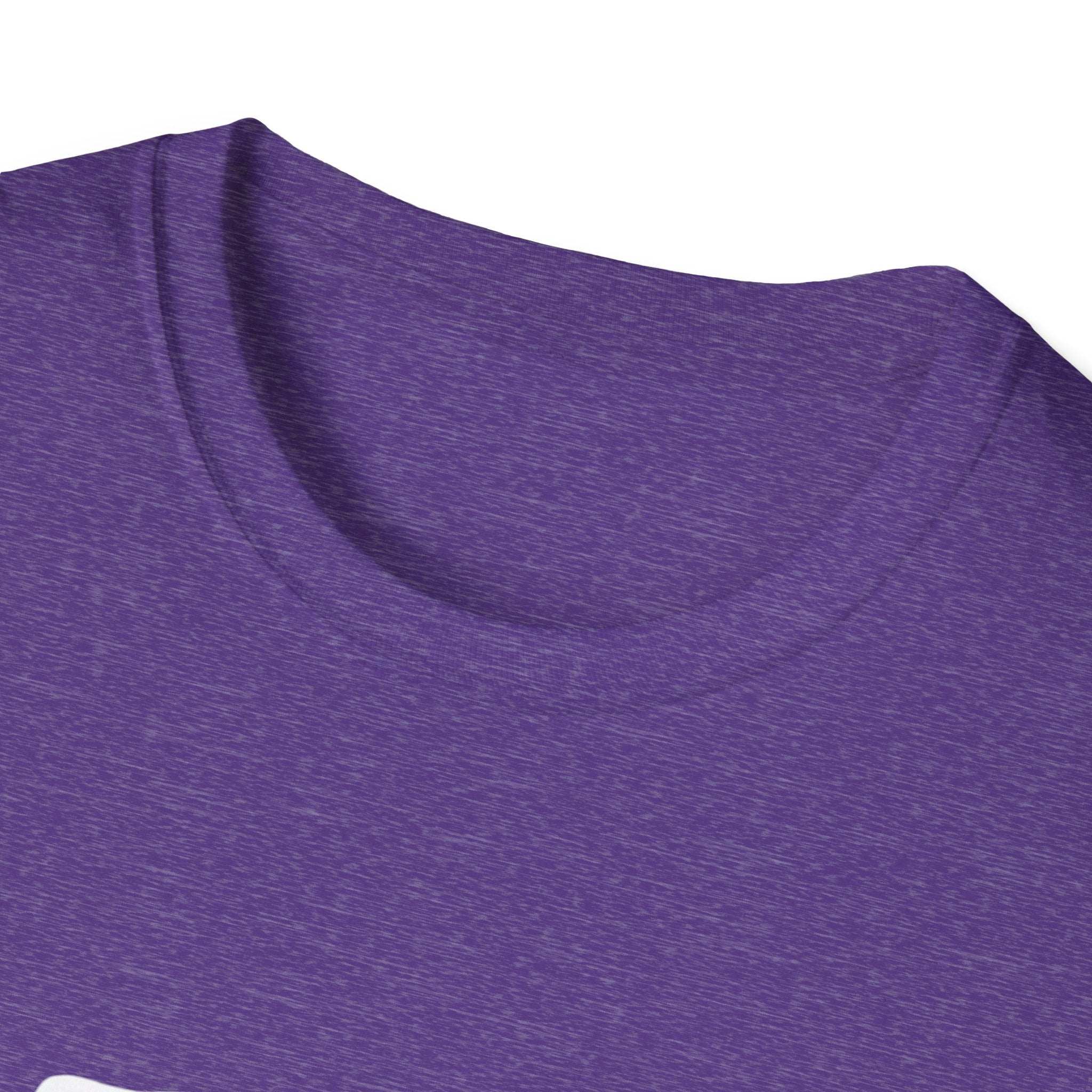Purple heather T-shirt close-up of fabric texture and crew neckline