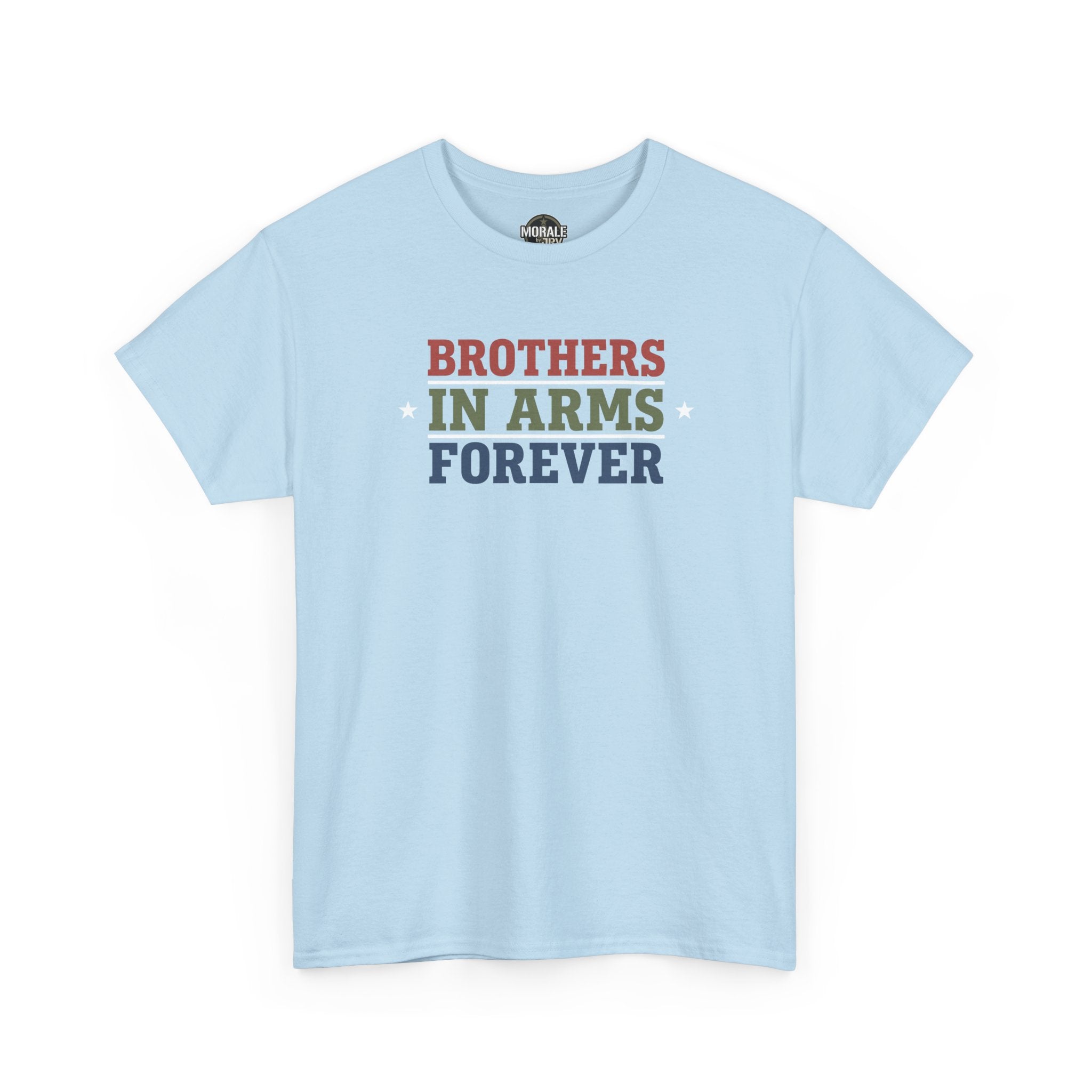 Light blue T-shirt with front 'BROTHERS IN ARMS FOREVER' block text graphic