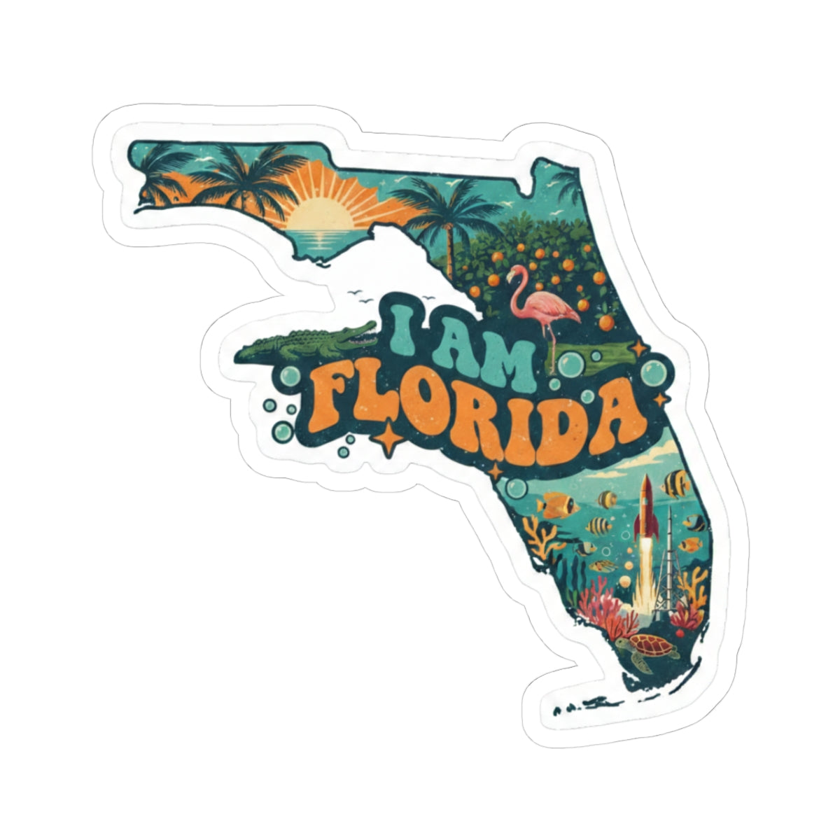 I Am Florida sticker with state outline, palm trees, flamingo, and “FLORIDA” text