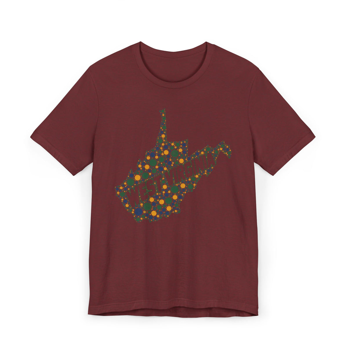 Burgundy T-shirt with dotted West Virginia map and “WEST VIRGINIA” text graphic