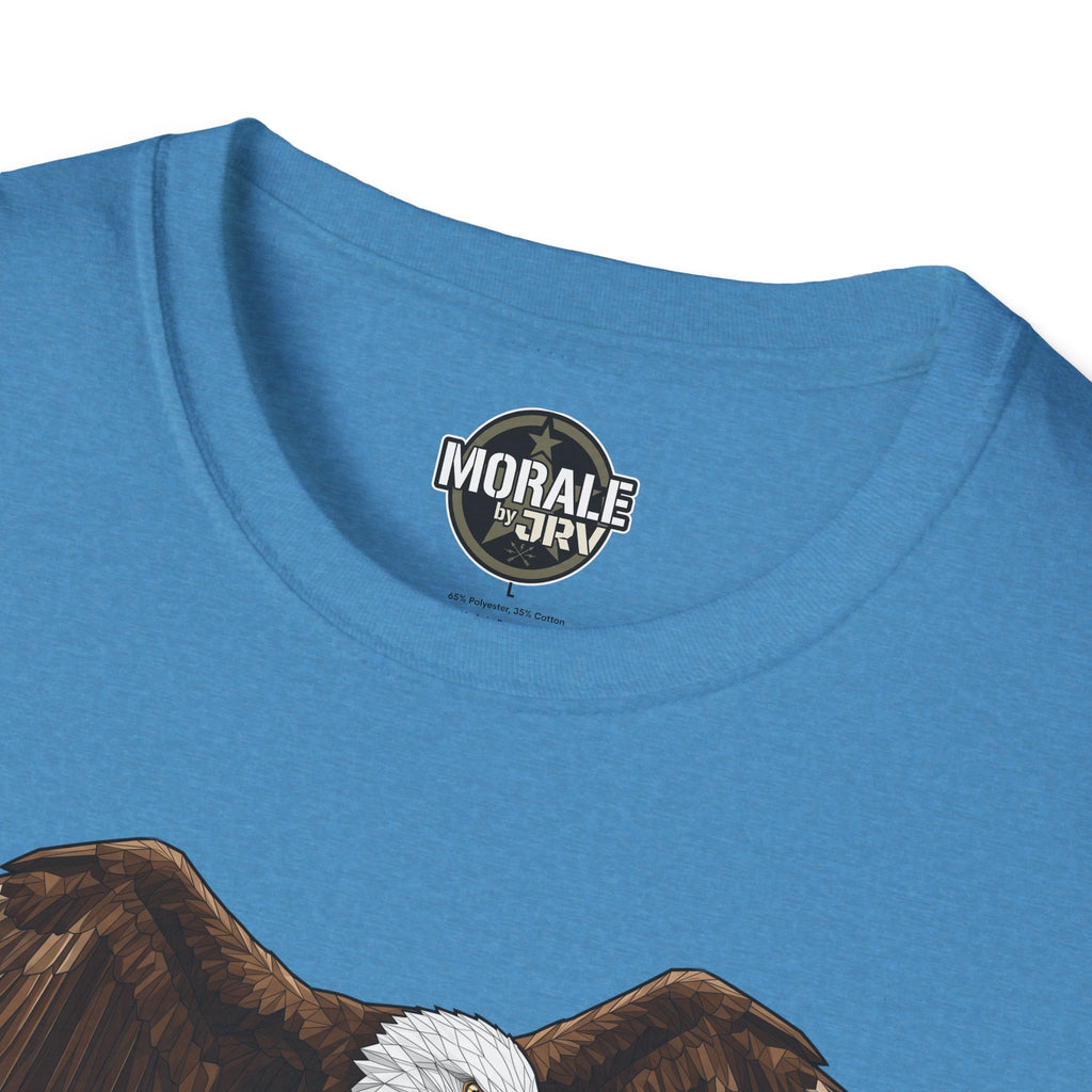 Heather Sapphire crew-neck T-shirt with chest logo above partial eagle-tank art