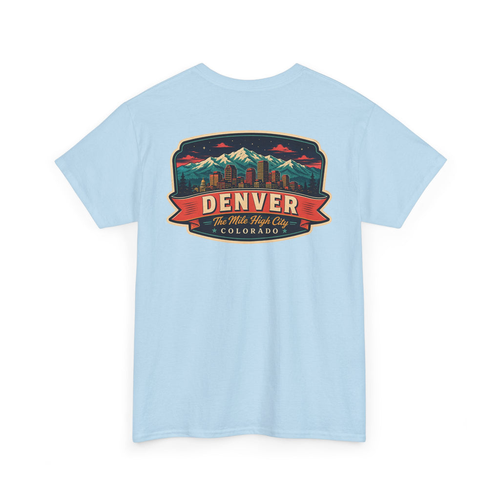 Light blue T-shirt with Denver city badge graphic on chest