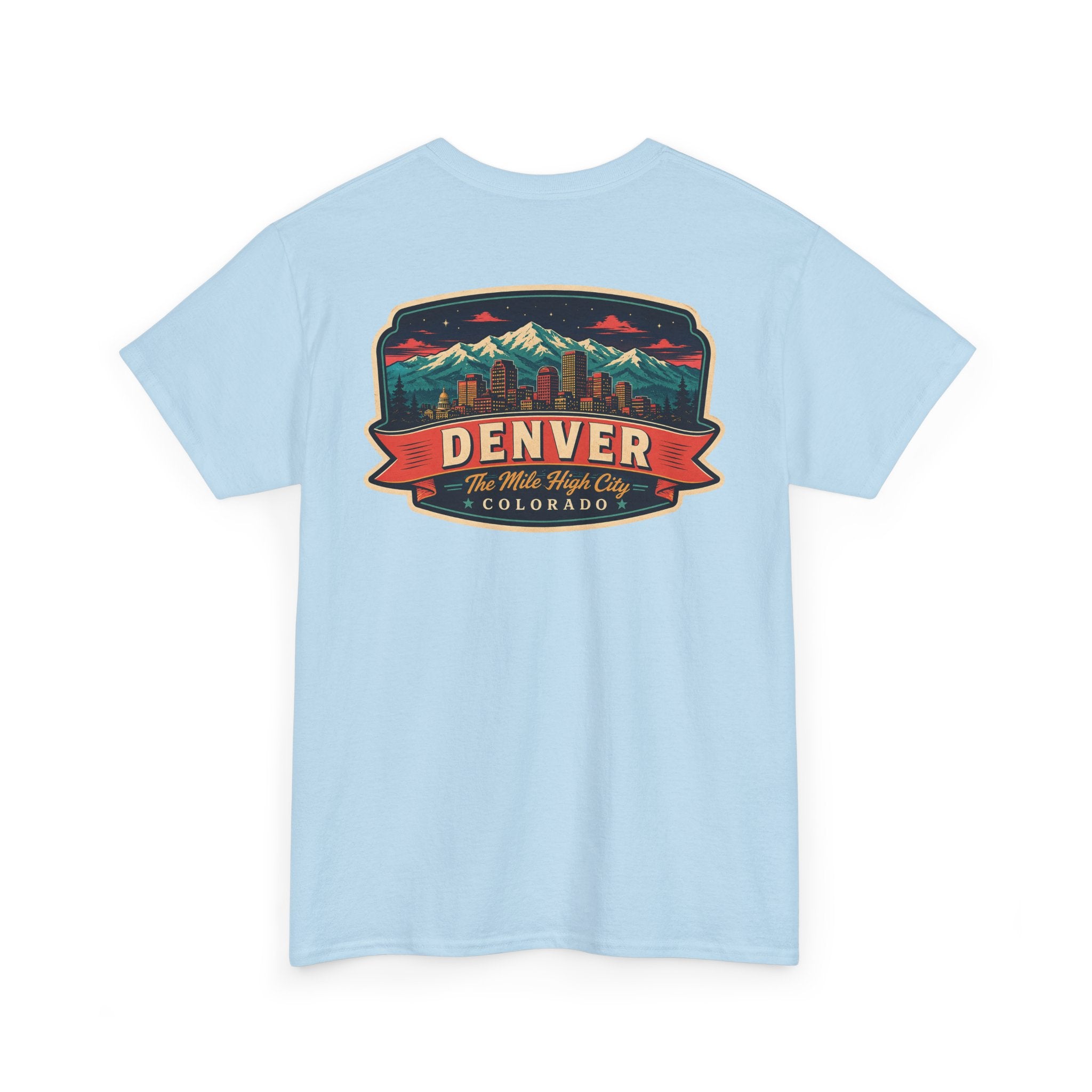 Light blue T-shirt with Denver city badge graphic on chest