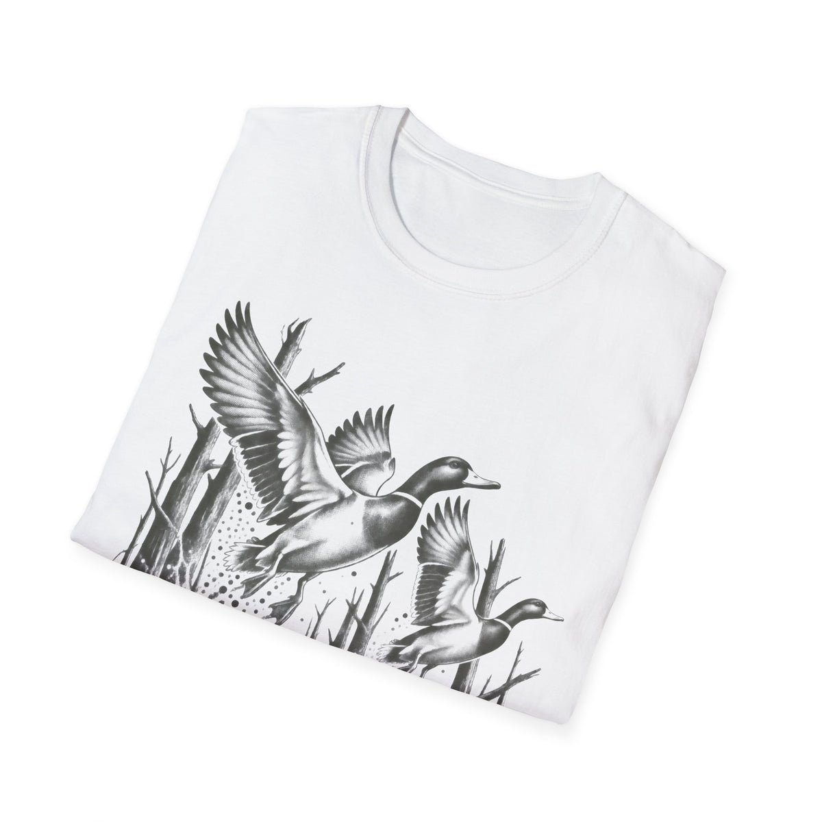 White duck hunting T-shirt with black flying duck graphic across the chest