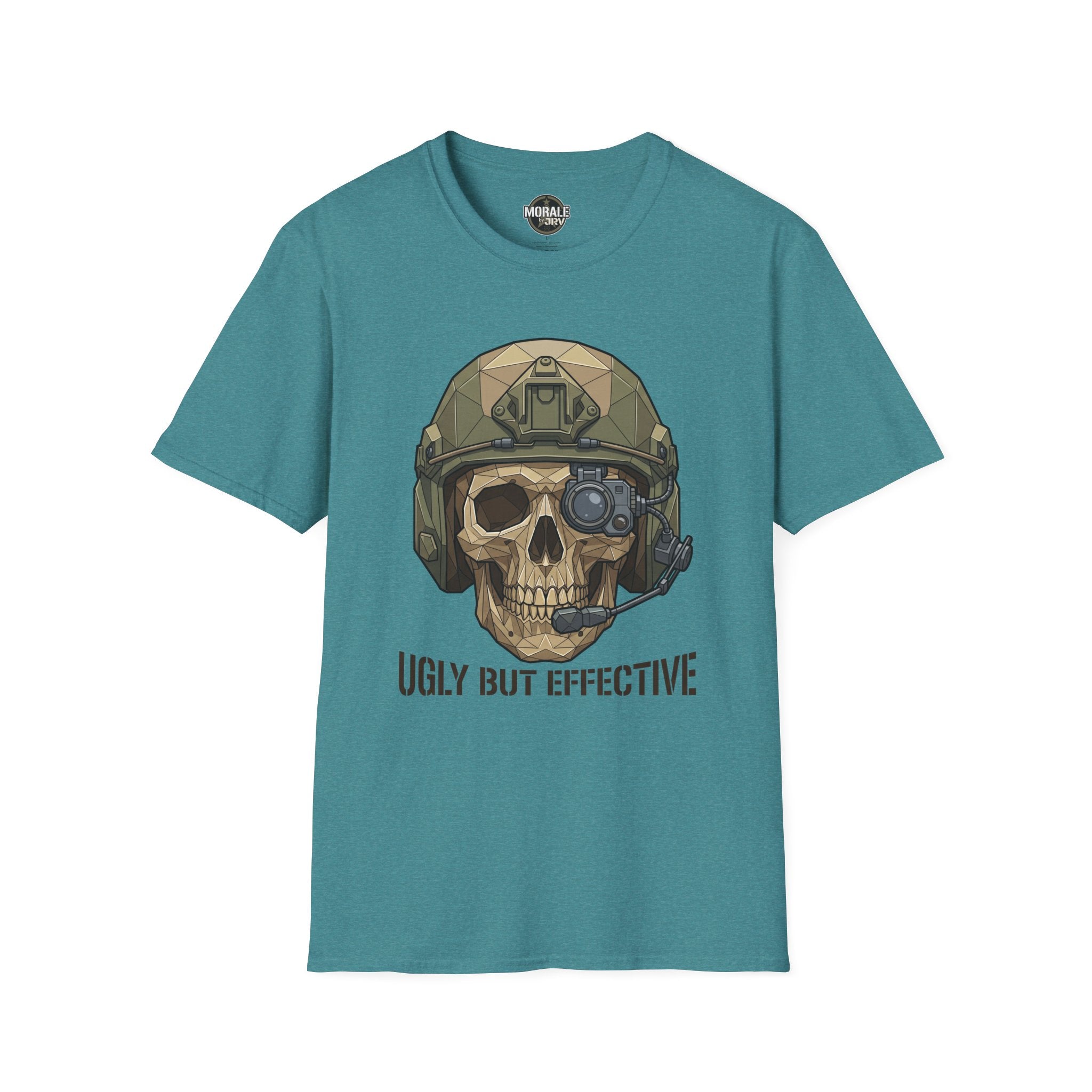 Türkisfarbenes T-Shirt mit Totenkopf im taktischen Helm und „Ugly But Effective“
