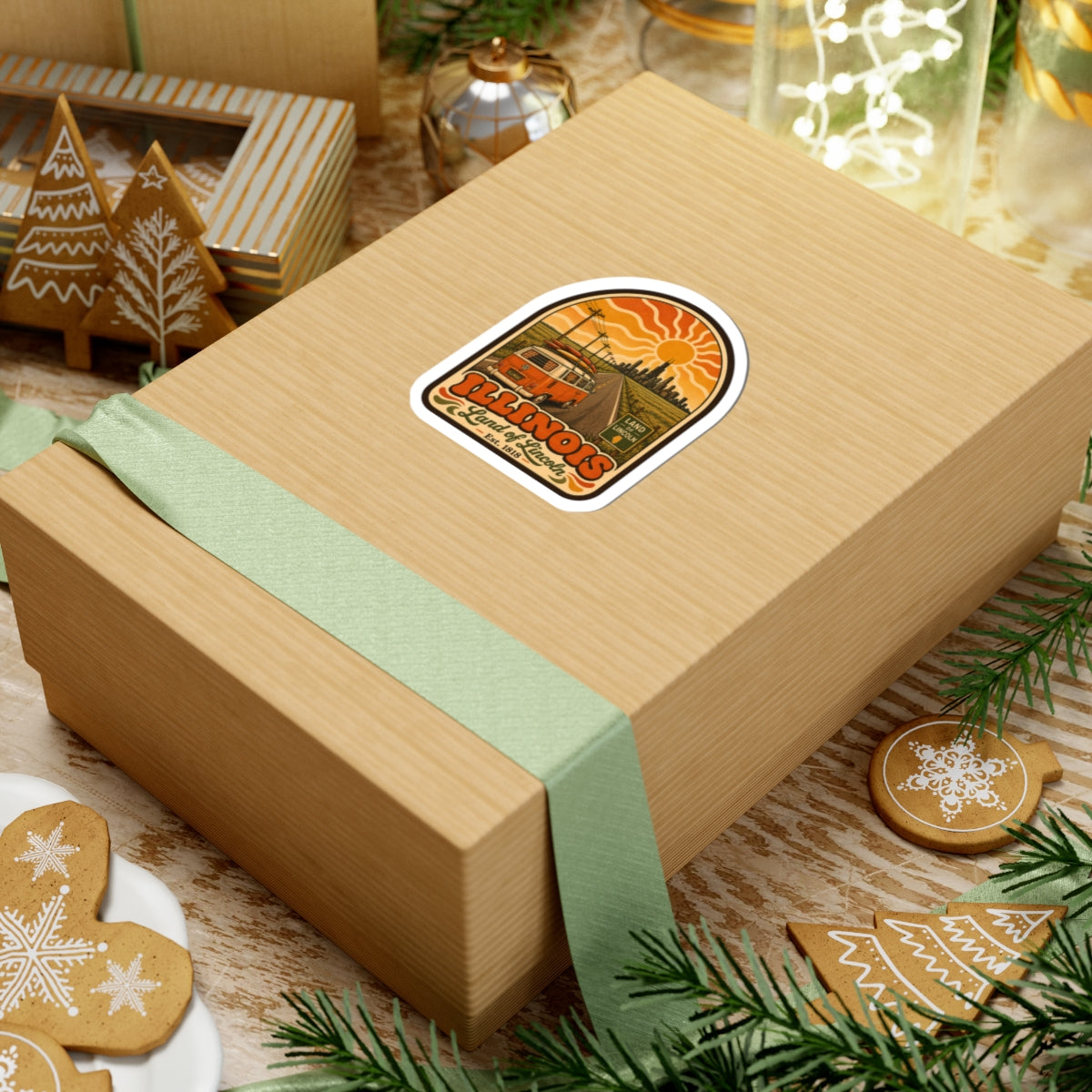 Kiss-cut sticker on gift box: orange camper van, Illinois text, city skyline, Est. 1818
