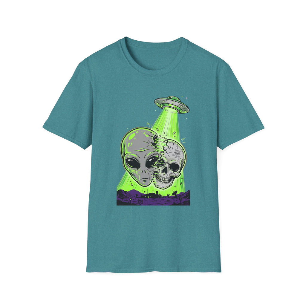 Alien & Skull T-Shirt, UFO tractor beam skull graphic on teal-blue tee
