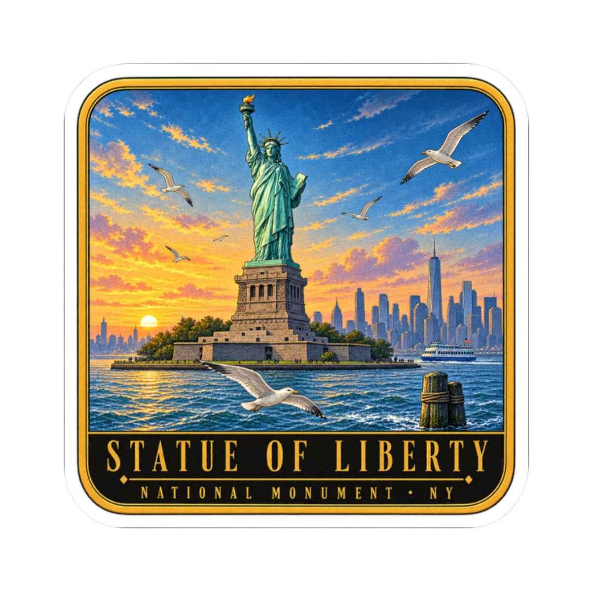 Square vinyl decal of the Statue of Liberty with sunset colors, seagulls, and 'STATUE OF LIBERTY • NY' text.