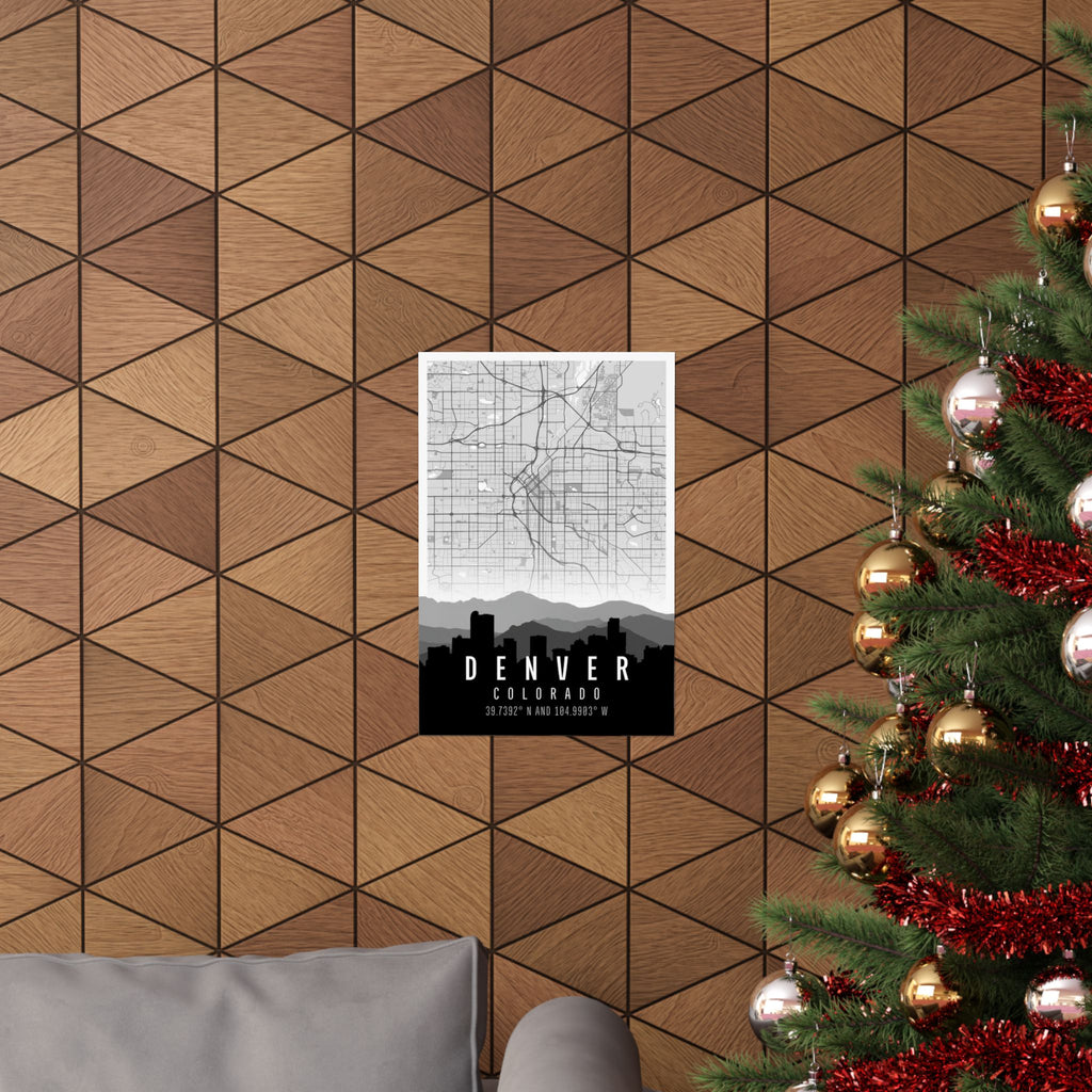 Vertical Denver Colorado skyline map poster displayed for hanging, with grid map and “DENVER” text
