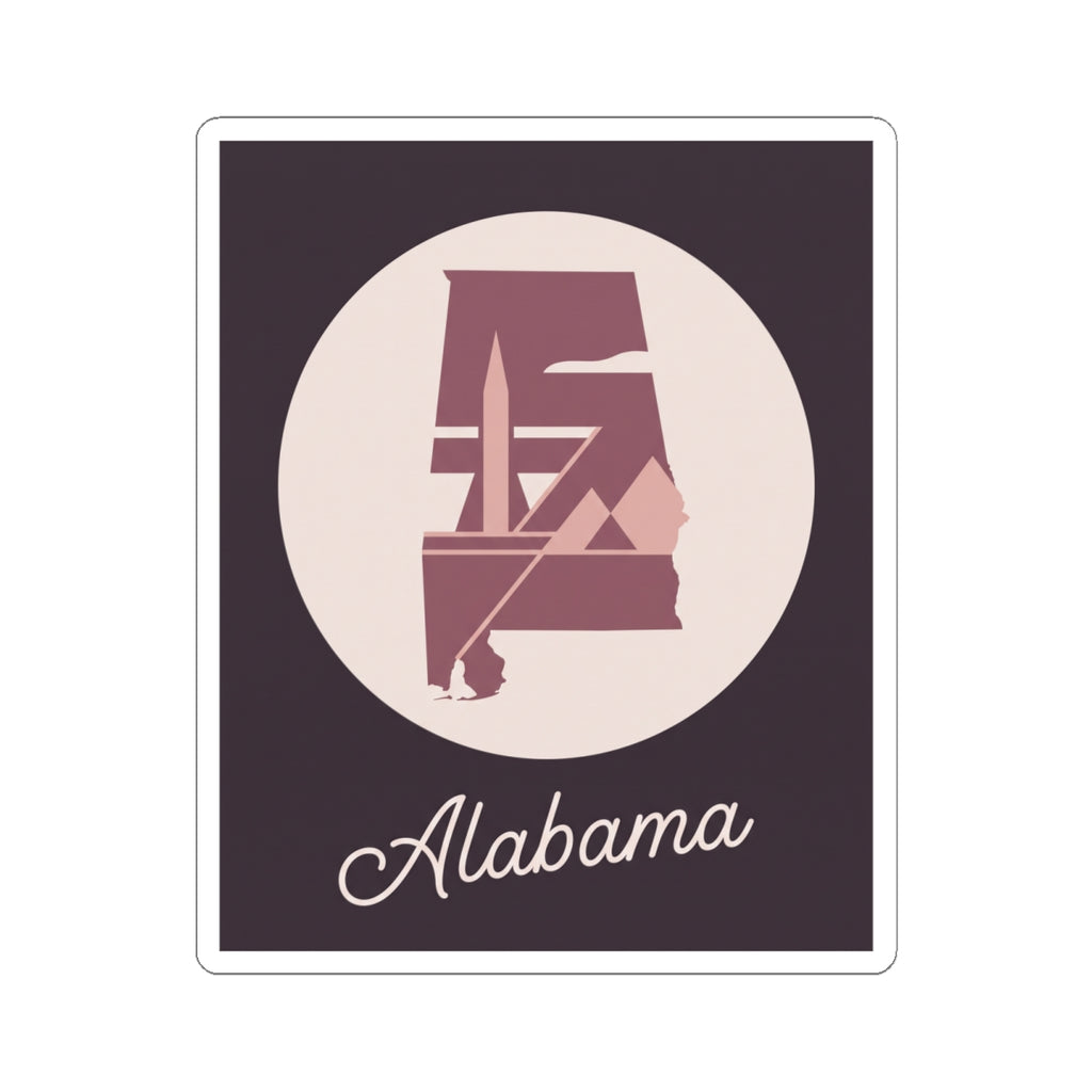 Mauve Alabama logo vinyl decal: Alabama silhouette in cream circle with 'Alabama' script
