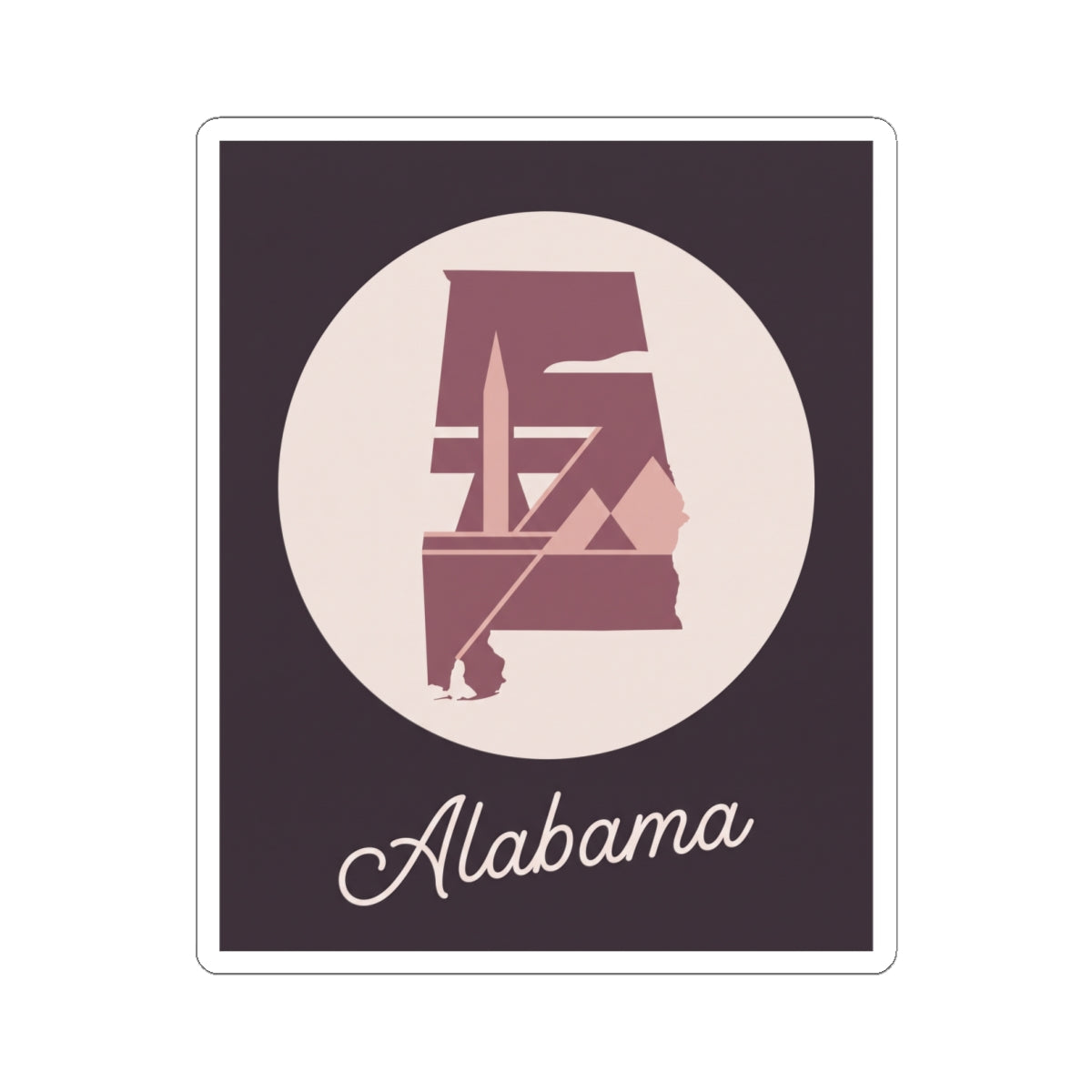Mauve Alabama logo vinyl decal: Alabama silhouette in cream circle with 'Alabama' script