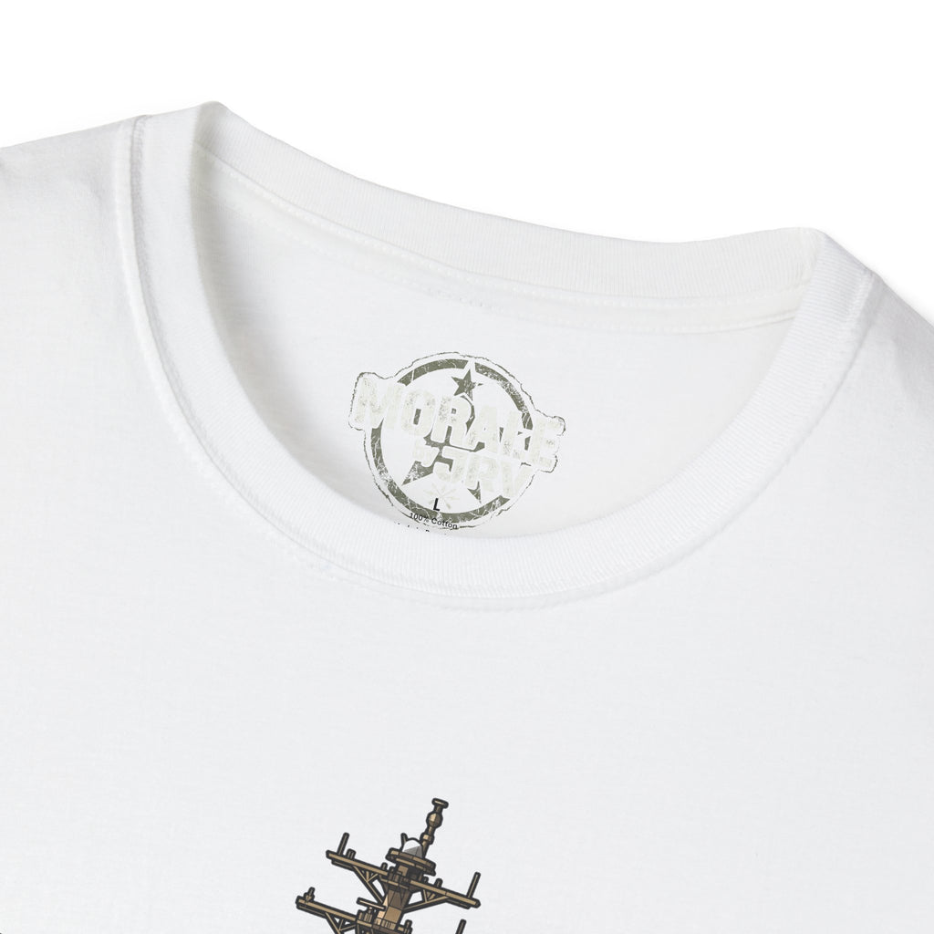 White T-shirt neckline with small circular emblem and top of ship graphic print
