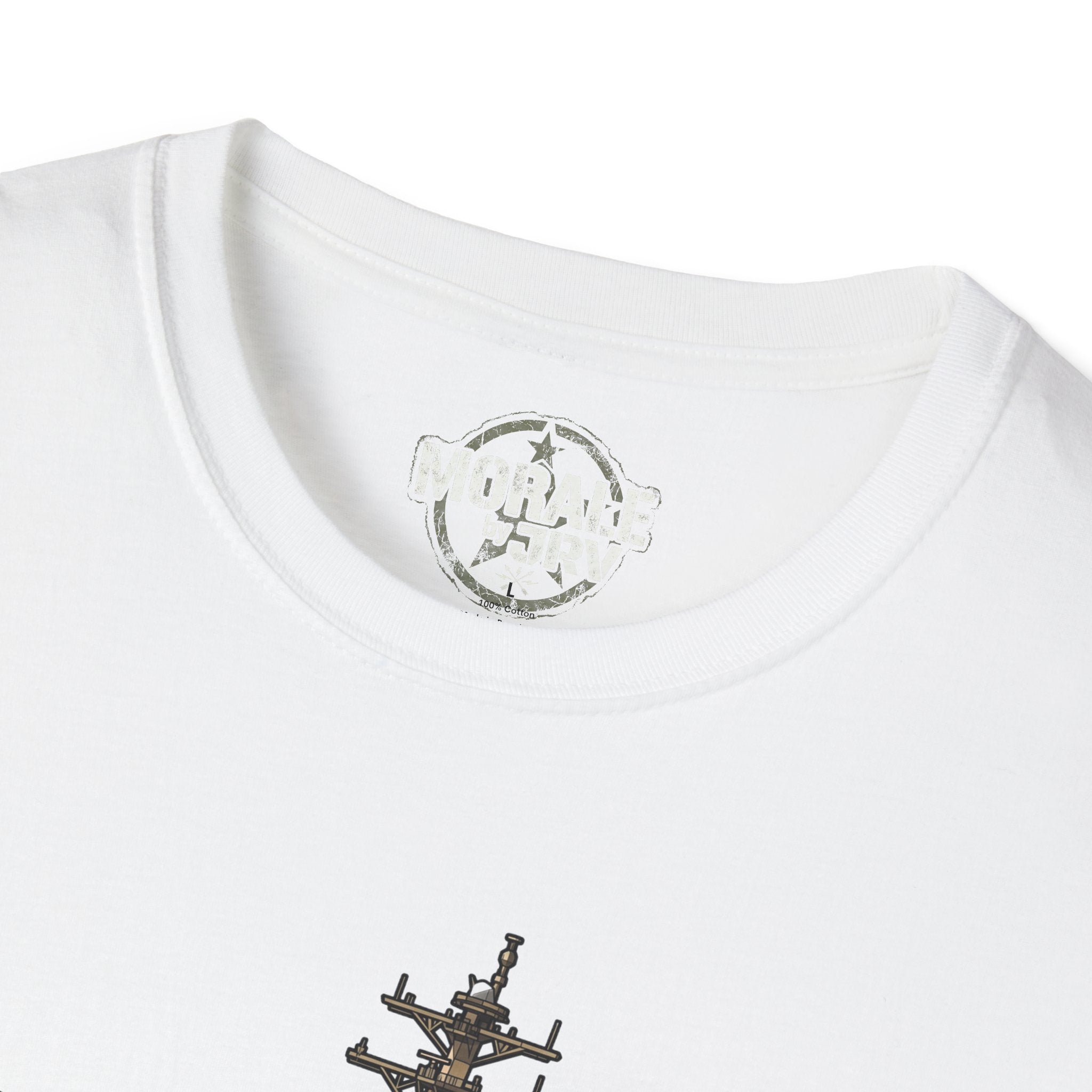 White T-shirt neckline with small circular emblem and top of ship graphic print