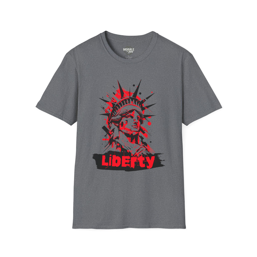 Liberty Statue graphic T-shirt, graphite heather grey; red-and-black “Liberty” print