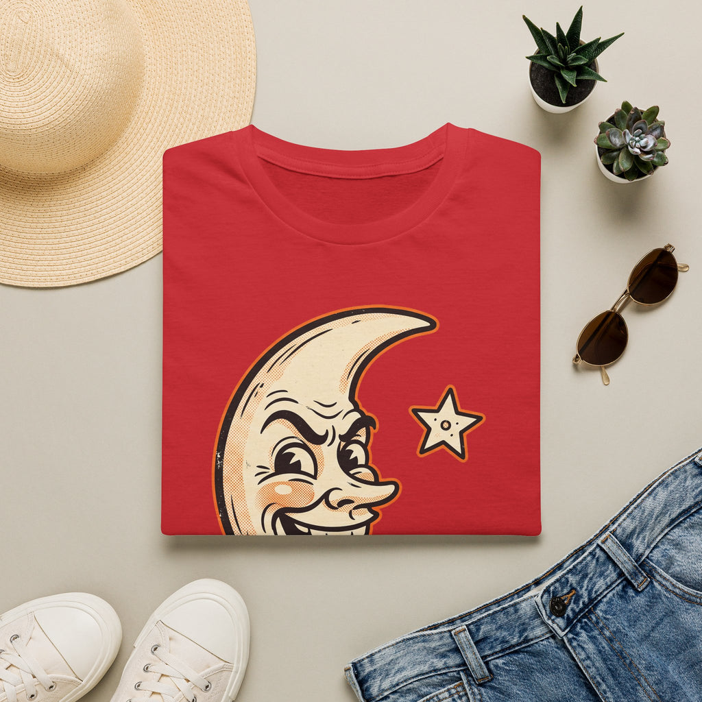 Red short-sleeve crewneck T-shirt with crescent moon and star face graphic