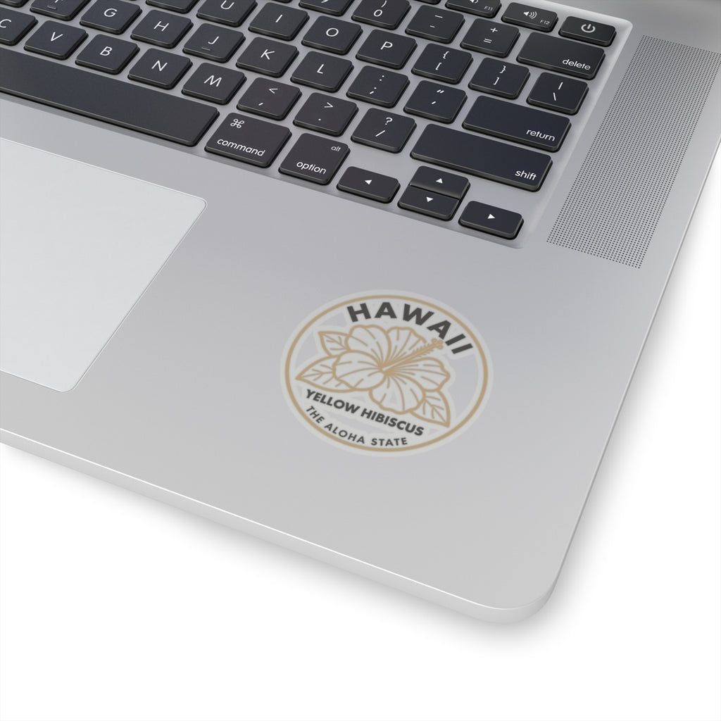Hibiscus state sticker on laptop lid, showing 'HAWAII' and 'YELLOW HIBISCUS' in gray