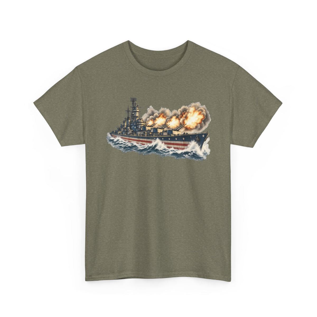 Olive green crew-neck T-shirt with battleship firing broadside graphic on front