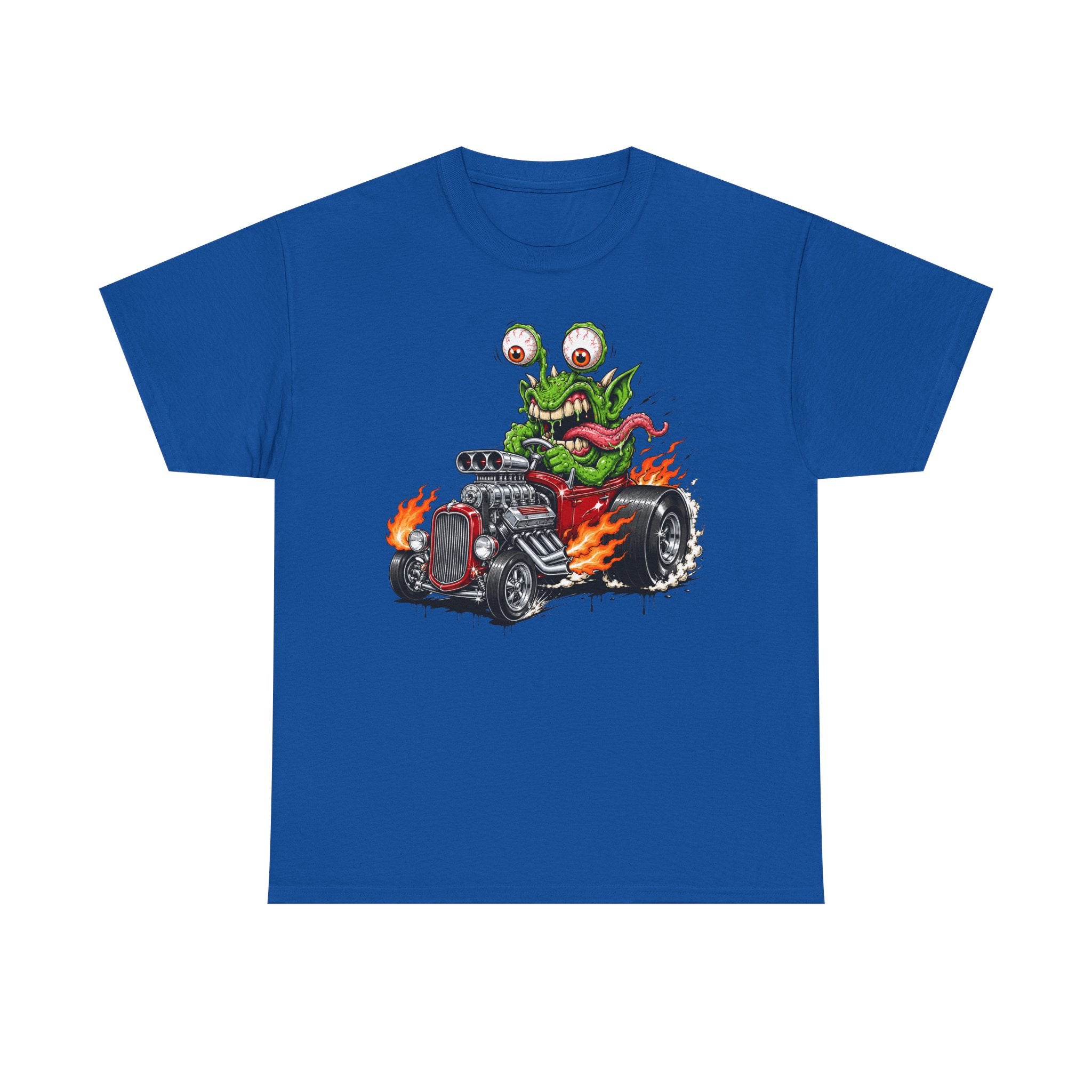 Monster hot rod graphic tee in royal blue, front monster driving hot rod with flames