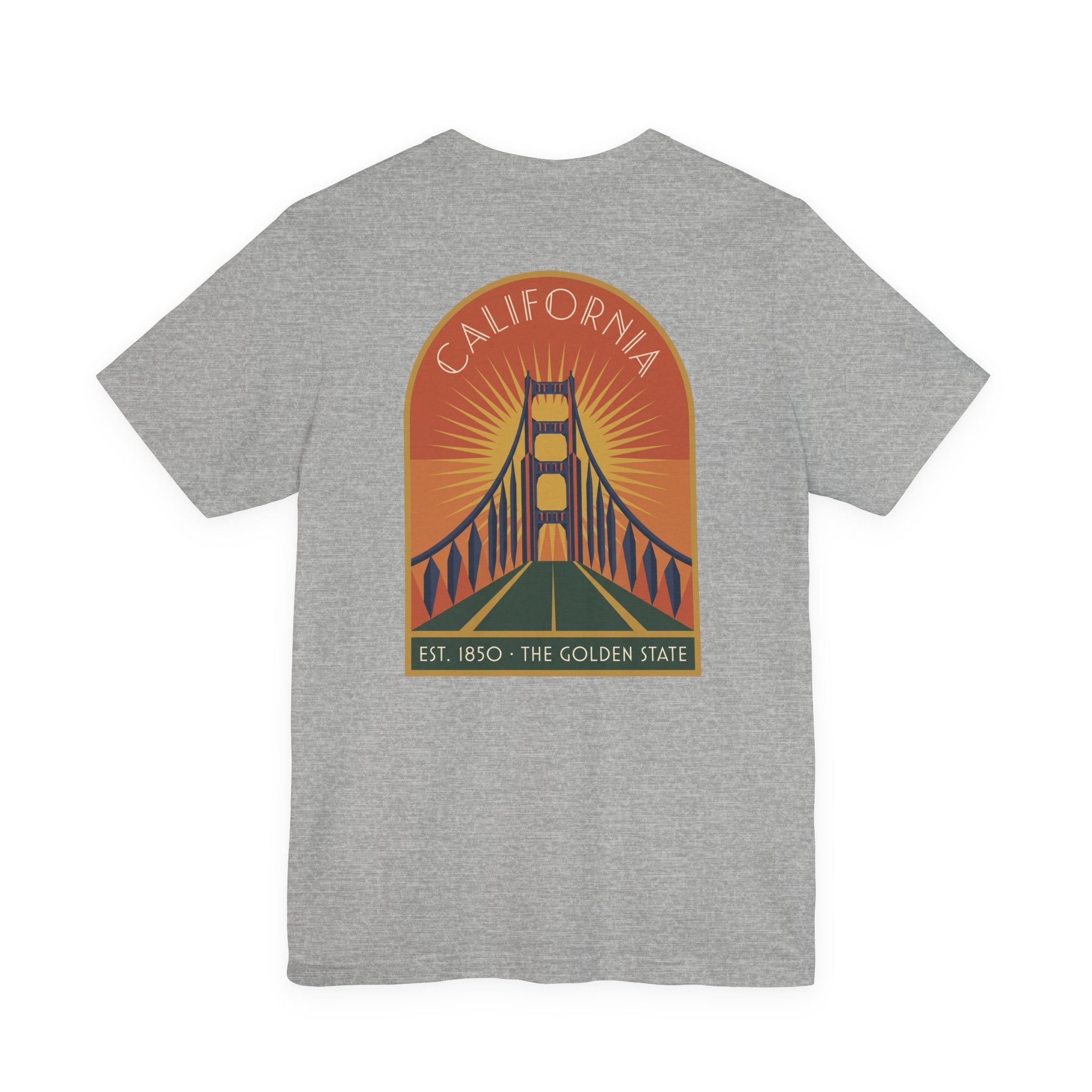 Light gray heather T-shirt with California Golden Gate Bridge sunset graphic on chest