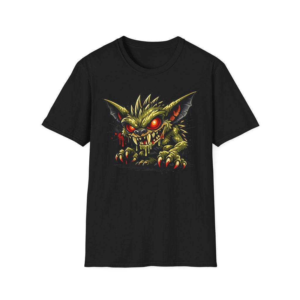 Black crewneck t-shirt with centered green gremlin graphic and red glowing eyes.