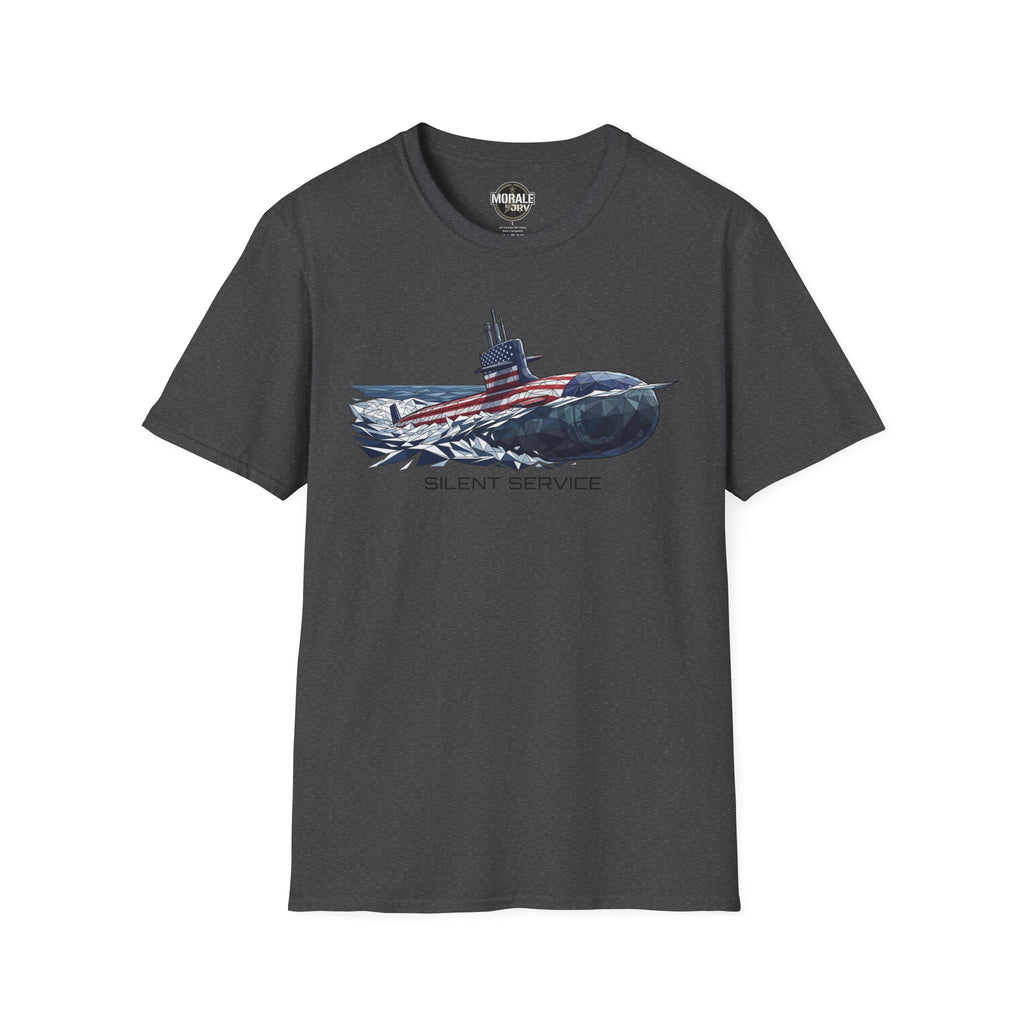 Silent Service T-shirt, dark heather charcoal, submarine flag graphic on the chest