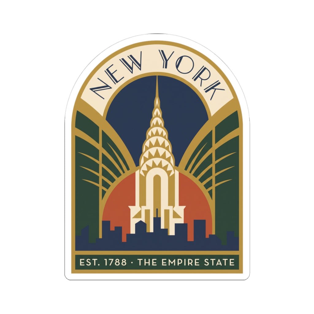 Arch-shaped New York skyline vinyl sticker with Empire State Building and Art Deco rays