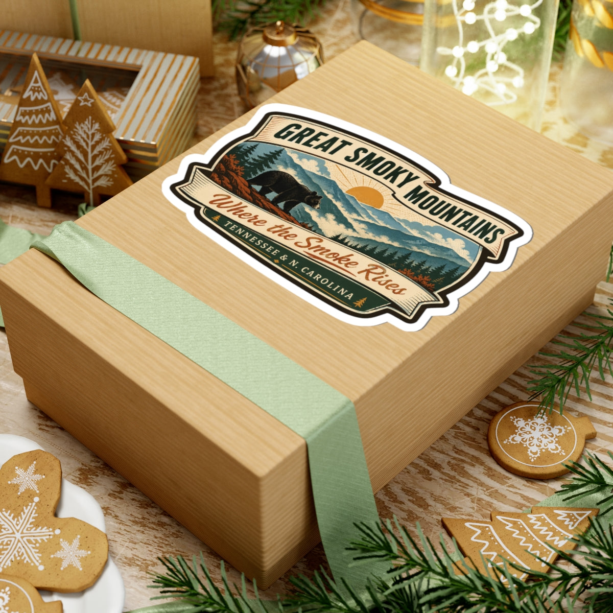 Great Smoky Mountains travel sticker on a gift box, retro mountains with bear; “Where the Smoke Rises”