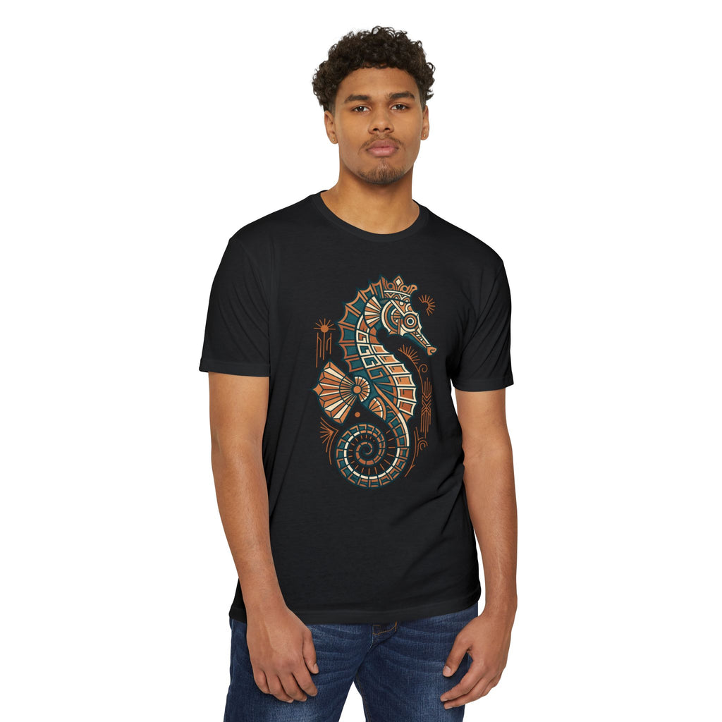 Black unisex T-shirt with crew neck, short sleeves, and seahorse mosaic graphic.