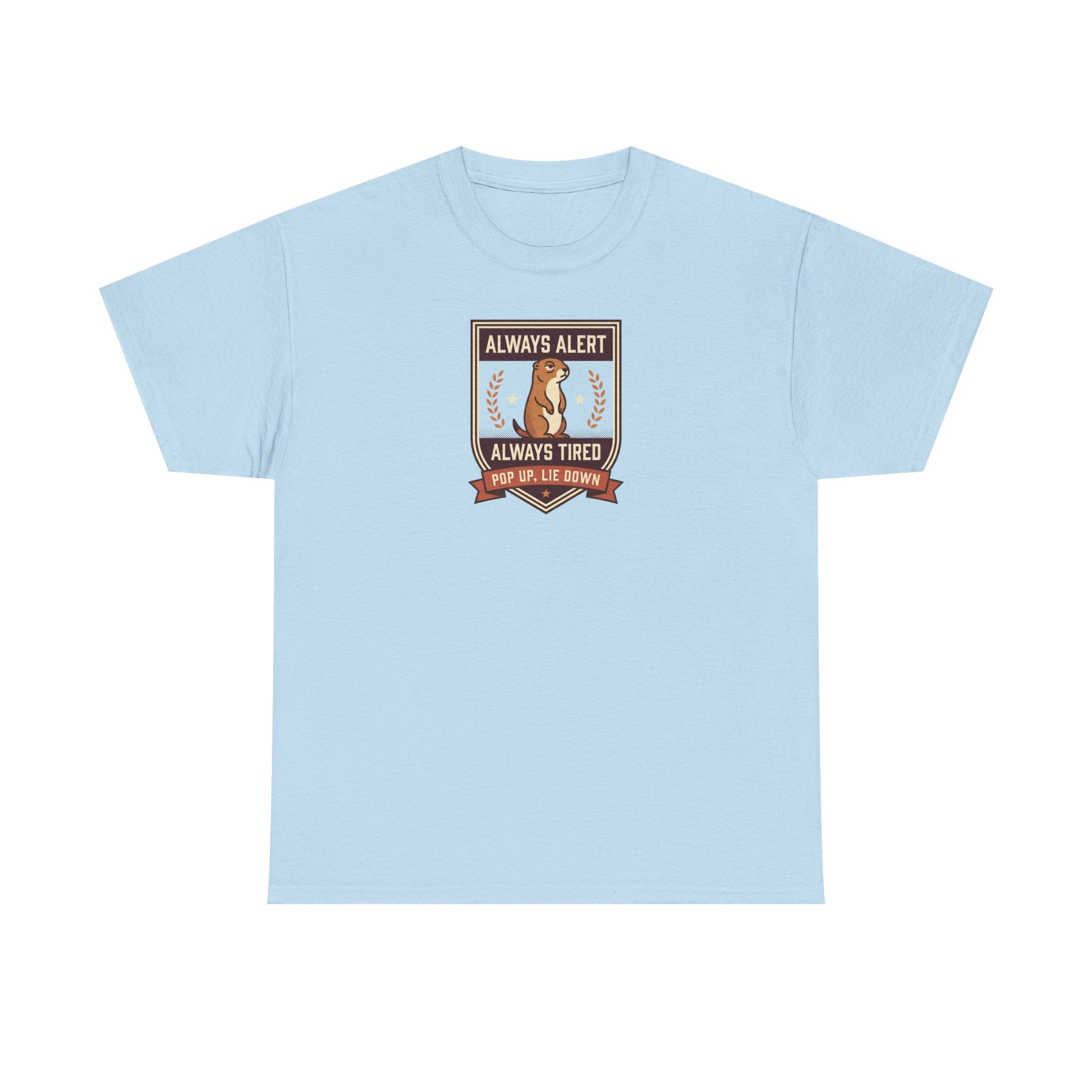 Light blue badge graphic T-shirt with “Always Alert” and “Always Tired” text