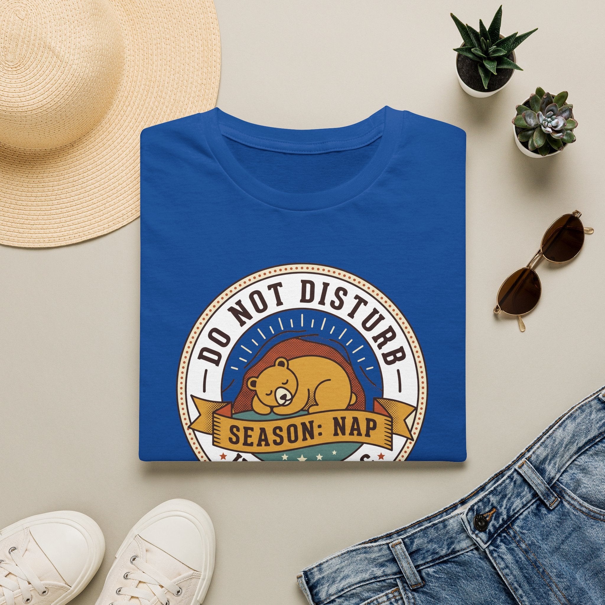 Royal blue nap T-shirt with circular bear 'Season: Nap' graphic