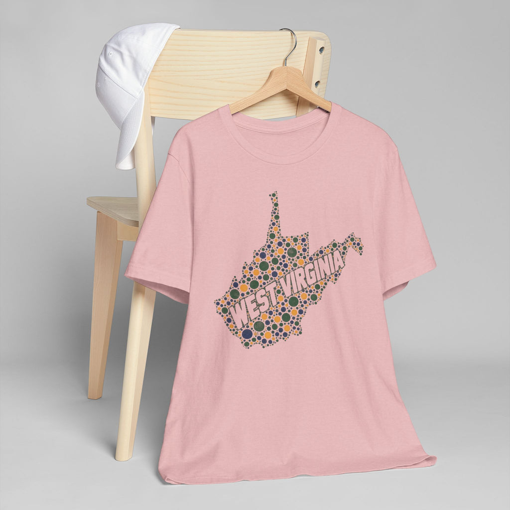 Dusty rose T-shirt with West Virginia floral map outline graphic in multicolor dots