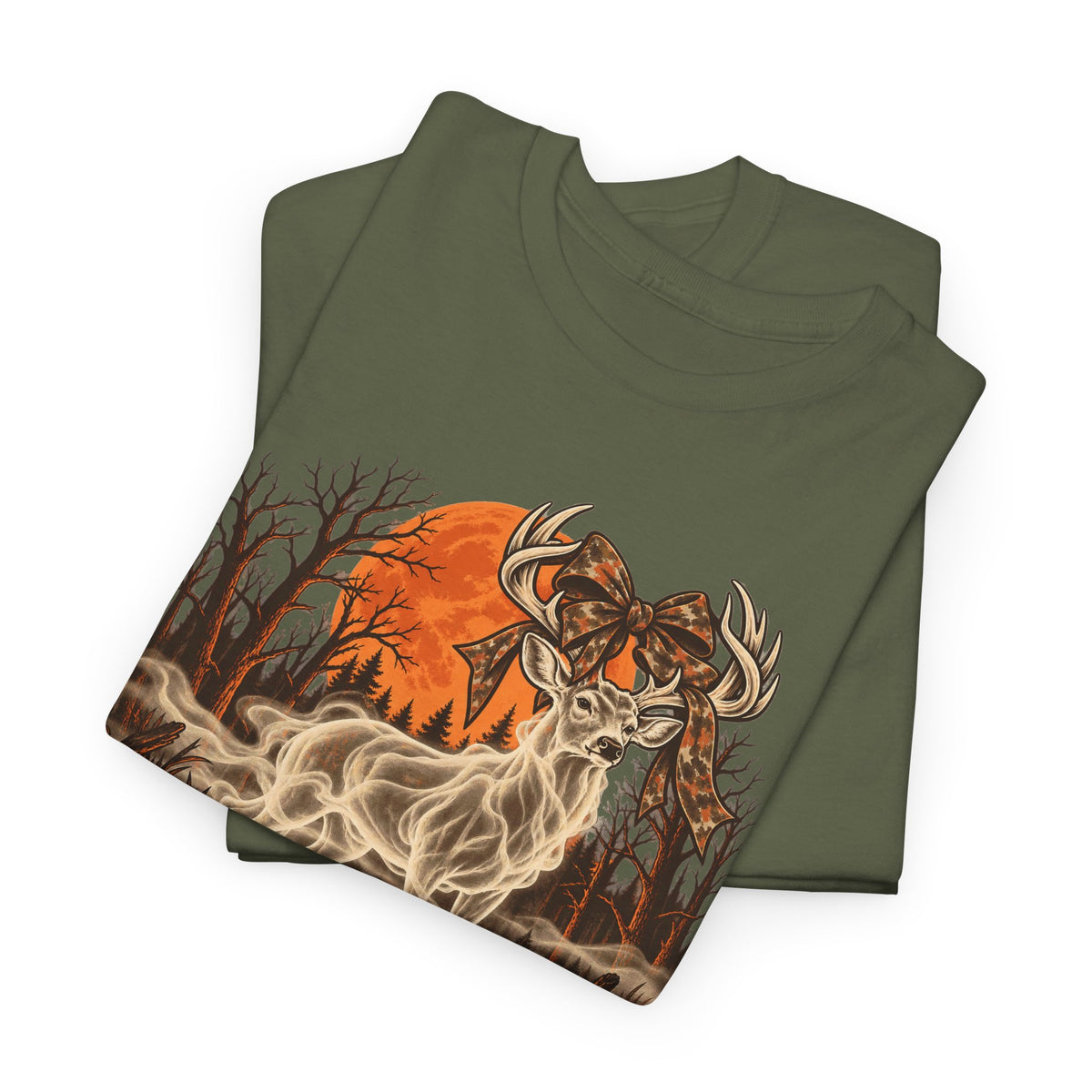 Halloween graphic t-shirt in olive green with ghost deer hunting graphic and smoke effect