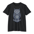 Graphic owl T-shirt, black crew neck short sleeves, blue owl graphic