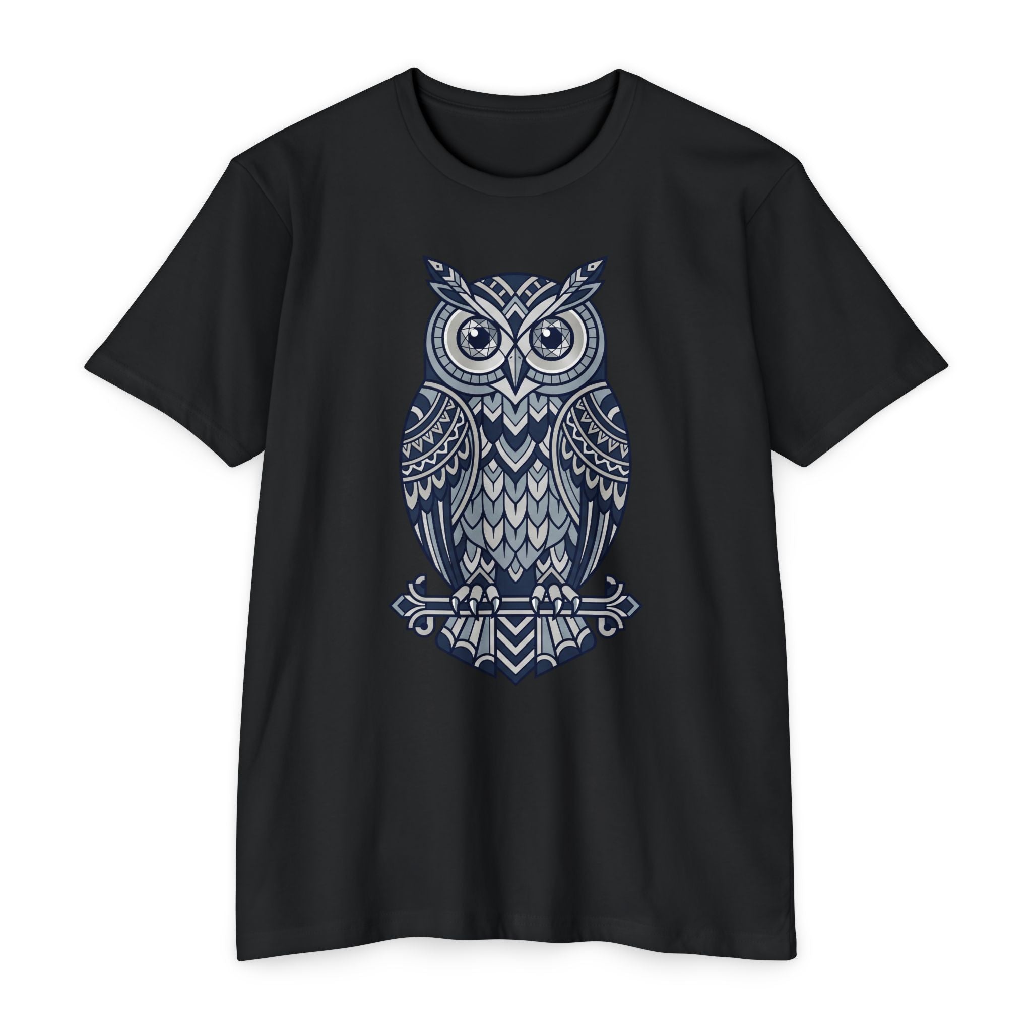 Graphic owl T-shirt, black crew neck short sleeves, blue owl graphic