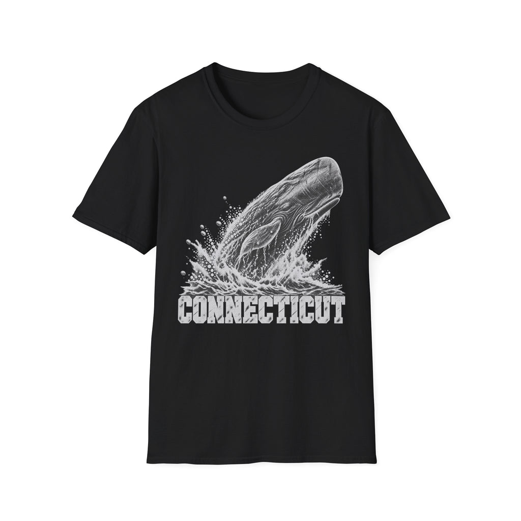 Black t-shirt with breaching whale splash graphic and “Connecticut” wordmark