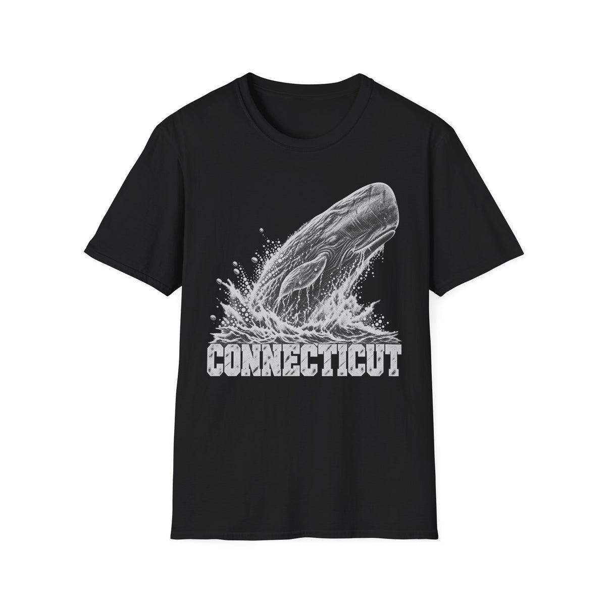 Black t-shirt with breaching whale splash graphic and “Connecticut” wordmark