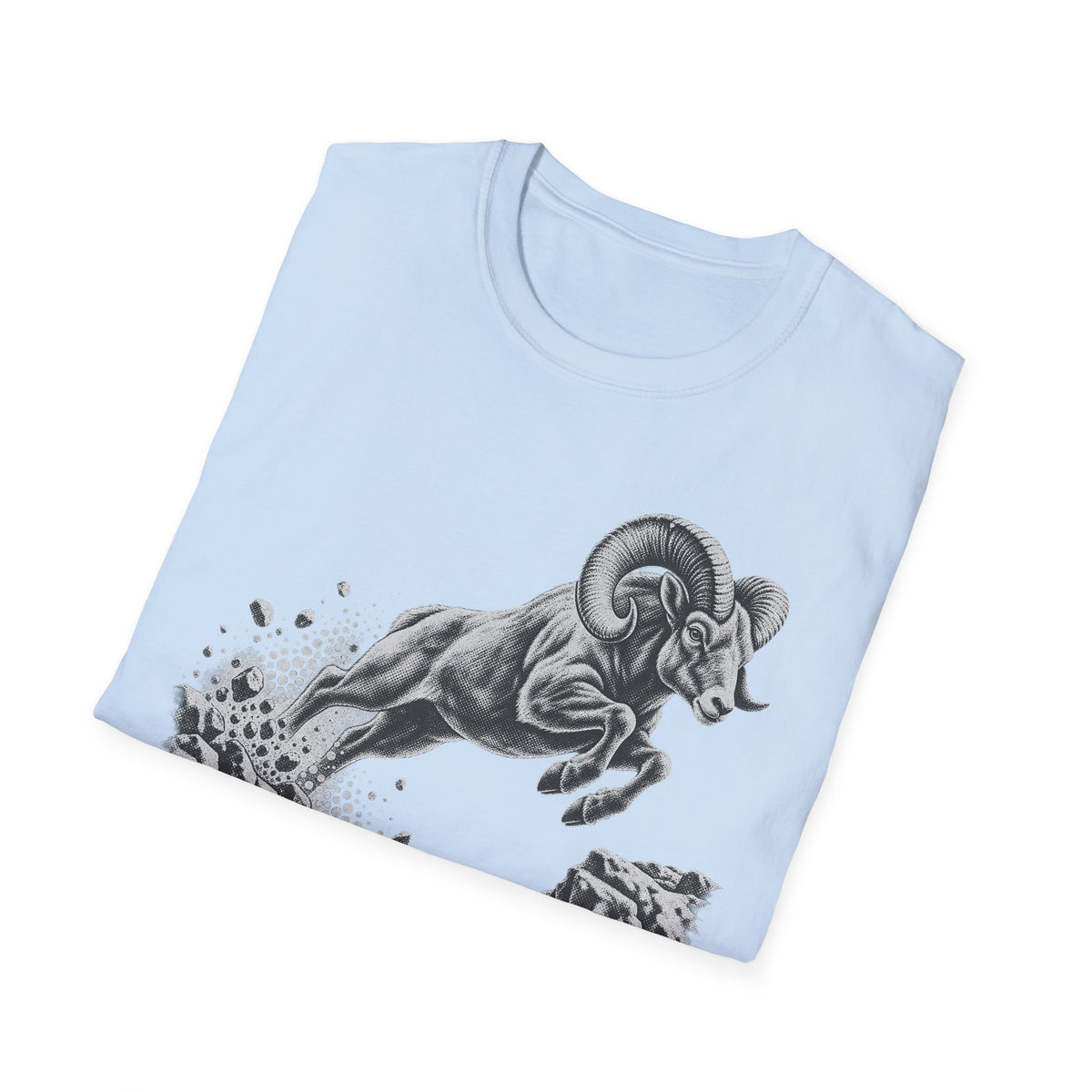 Light blue T-shirt with black-and-gray bighorn sheep graphic, crew neck